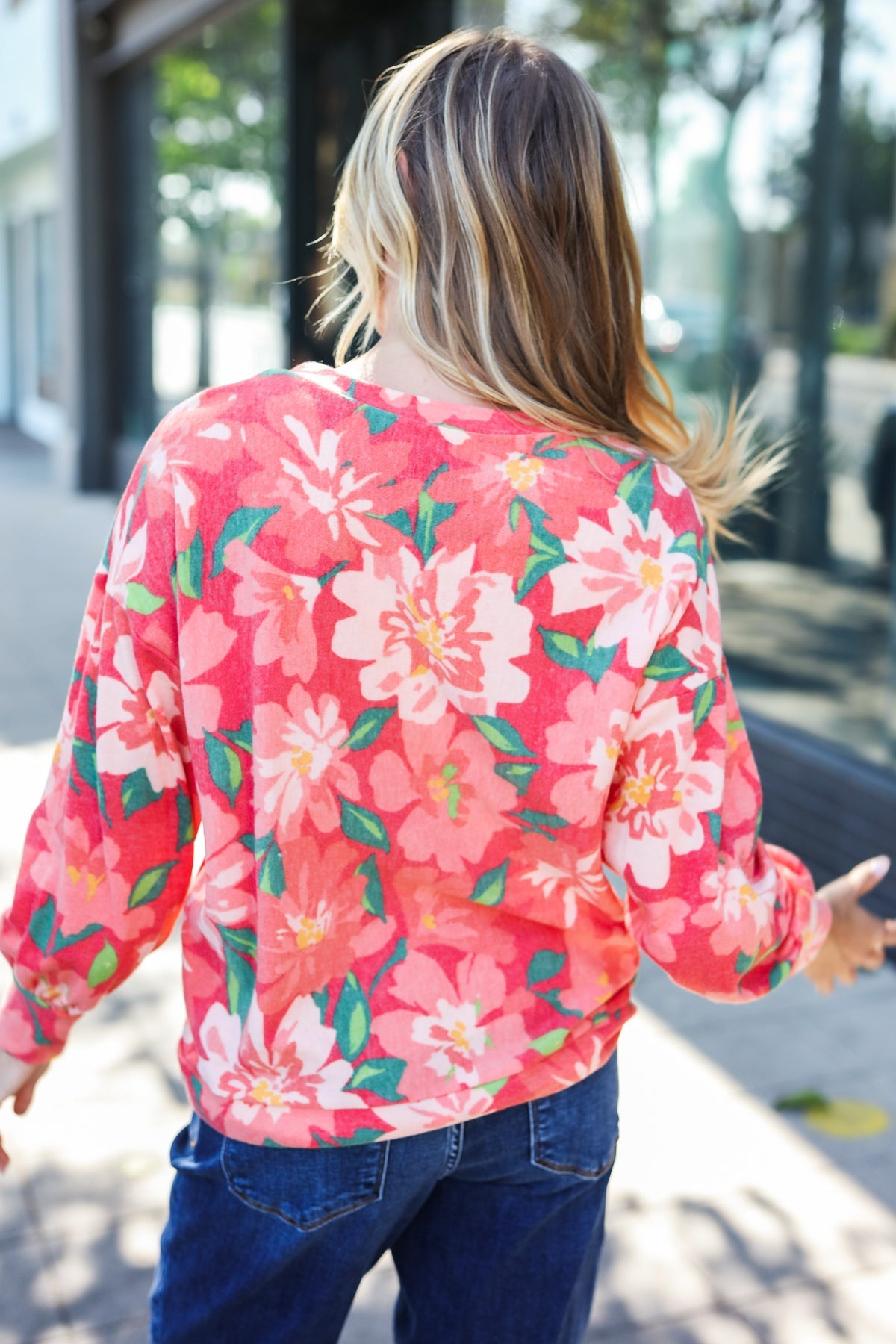 Stylish Red Floral Brushed Hacci Sweater Top for Women | Soft Comfortable Knit Pullover | Perfect for Fall Outfits, Date Nights & Casual Wear