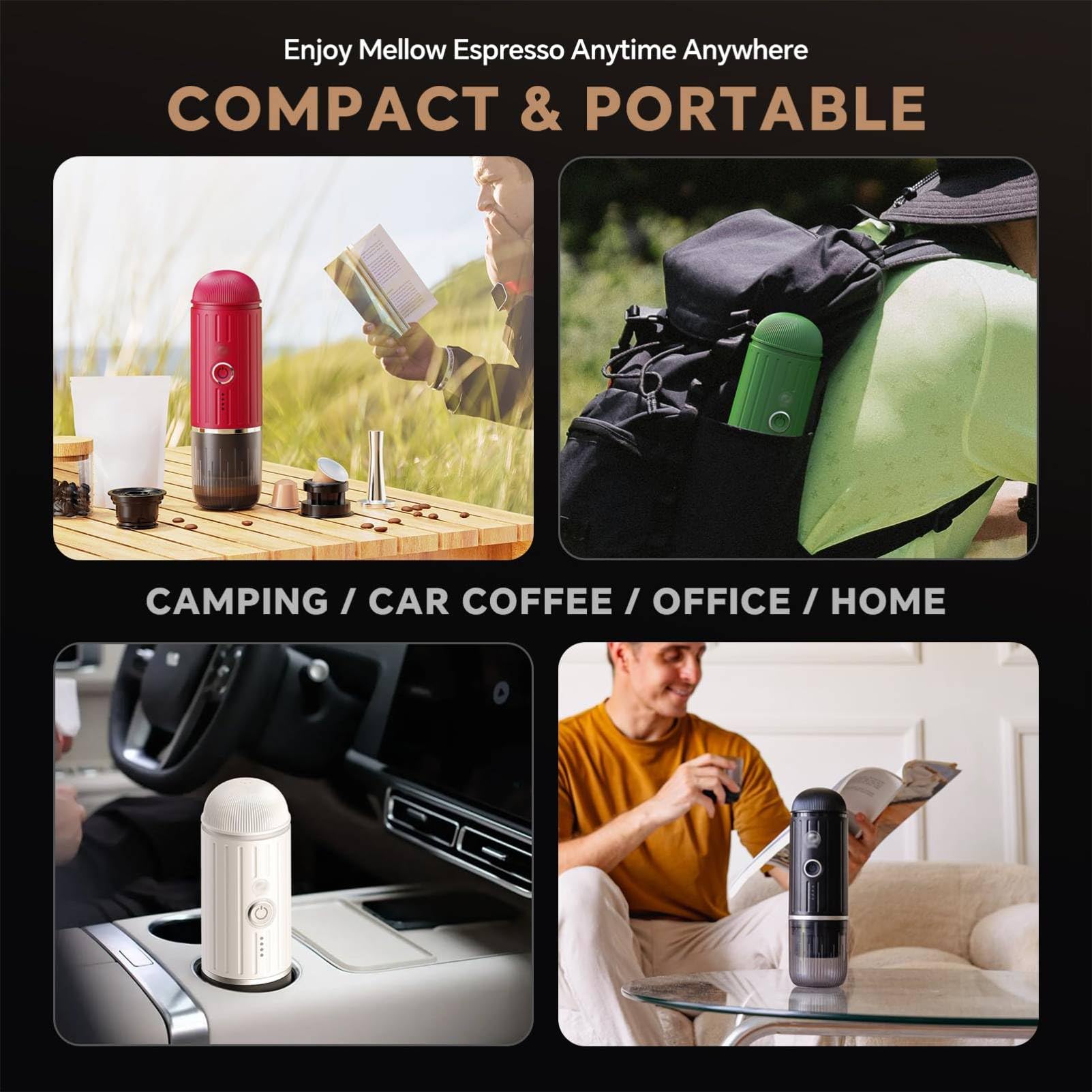 Portable Espresso Maker - 12V Rechargeable Electric Coffee Machine with 3-4 Minute Fast Self-Heating, 19 Bar Pressure, Compatible with Nespresso Capsules & Ground Coffee - Perfect for Car, Camping, Travel, Office & Outdoor Adventures