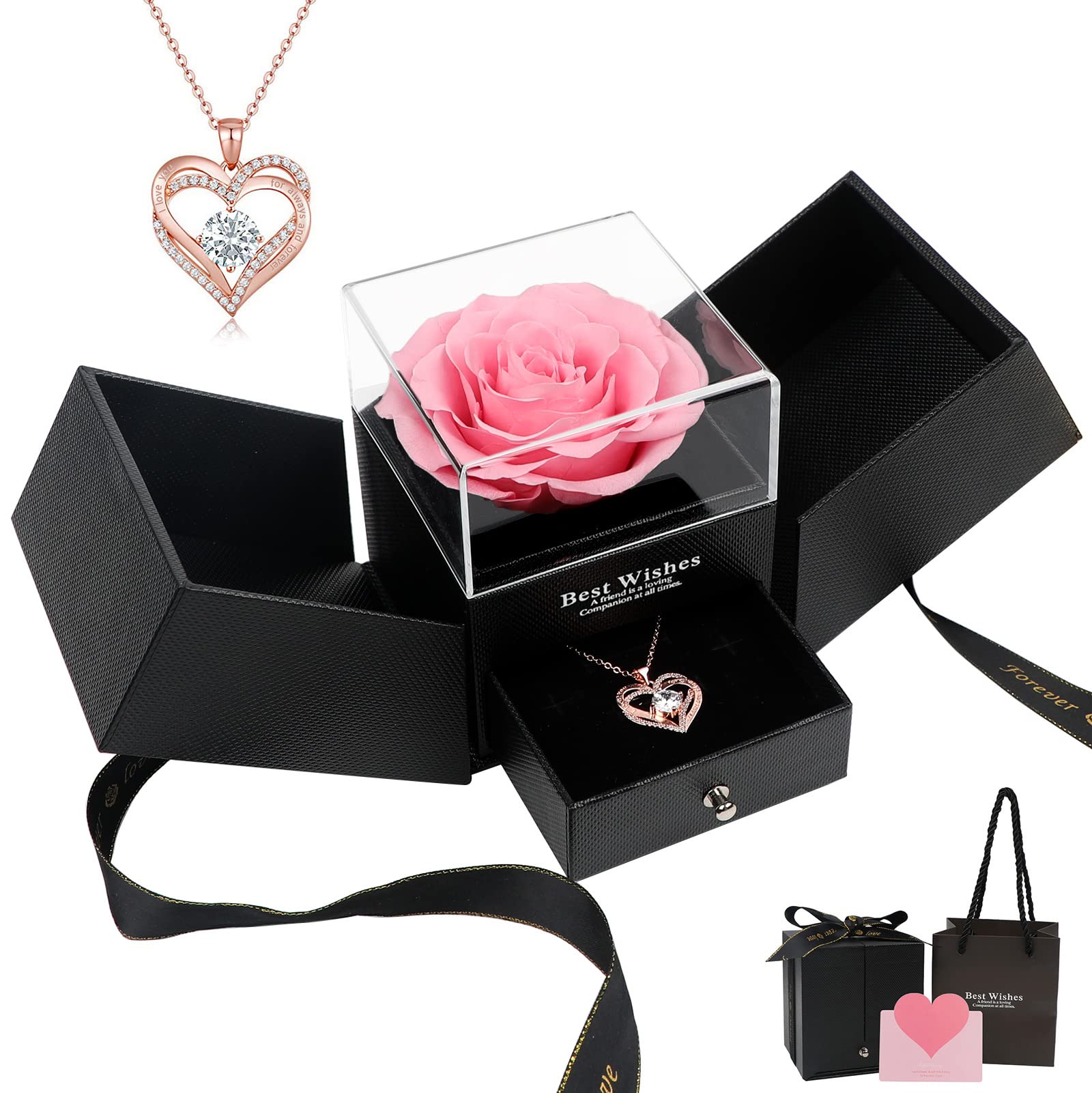 WELTRXE Preserved Rose in a Heart-Shaped Box with Necklace - Real Pink Rose Gift for Women, Wife, Mom, Girlfriend - Perfect for Valentine's Day, Mother's Day, Anniversary, Birthday & Wedding - Romantic Keepsake for Special Occasions