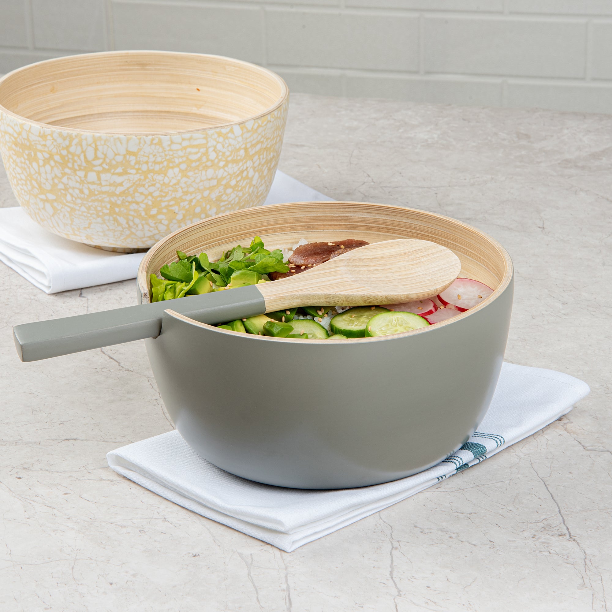Bambuddha 25 oz Round Gray Spun Bamboo Serving Bowl with Serving Spoon - 7.75