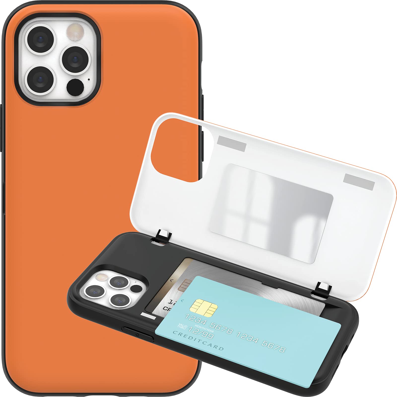 JUST4YOU Magnetic Wallet Case for iPhone 12 Pro Max - Auto Closure with Card Holder & Hidden Mirror, Shockproof Bumper Cover (Orange) | Perfect for Everyday Use, Travel & Hands-Free Convenience
