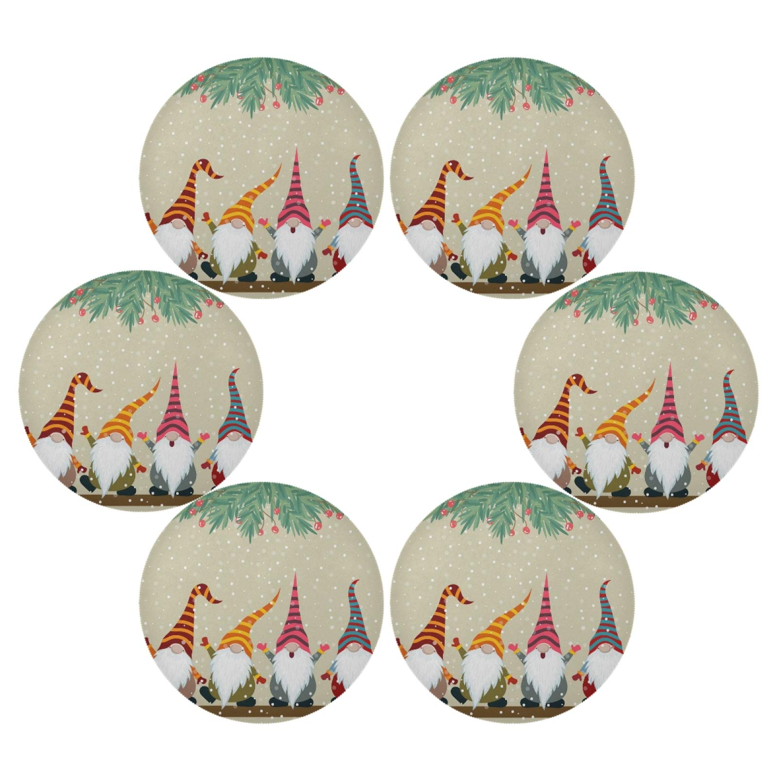 Festive Gnome Christmas Round Placemats Set of 6 - Non-Slip Heat Resistant Washable Dining Table Mats for Holiday Decor & Family Gatherings