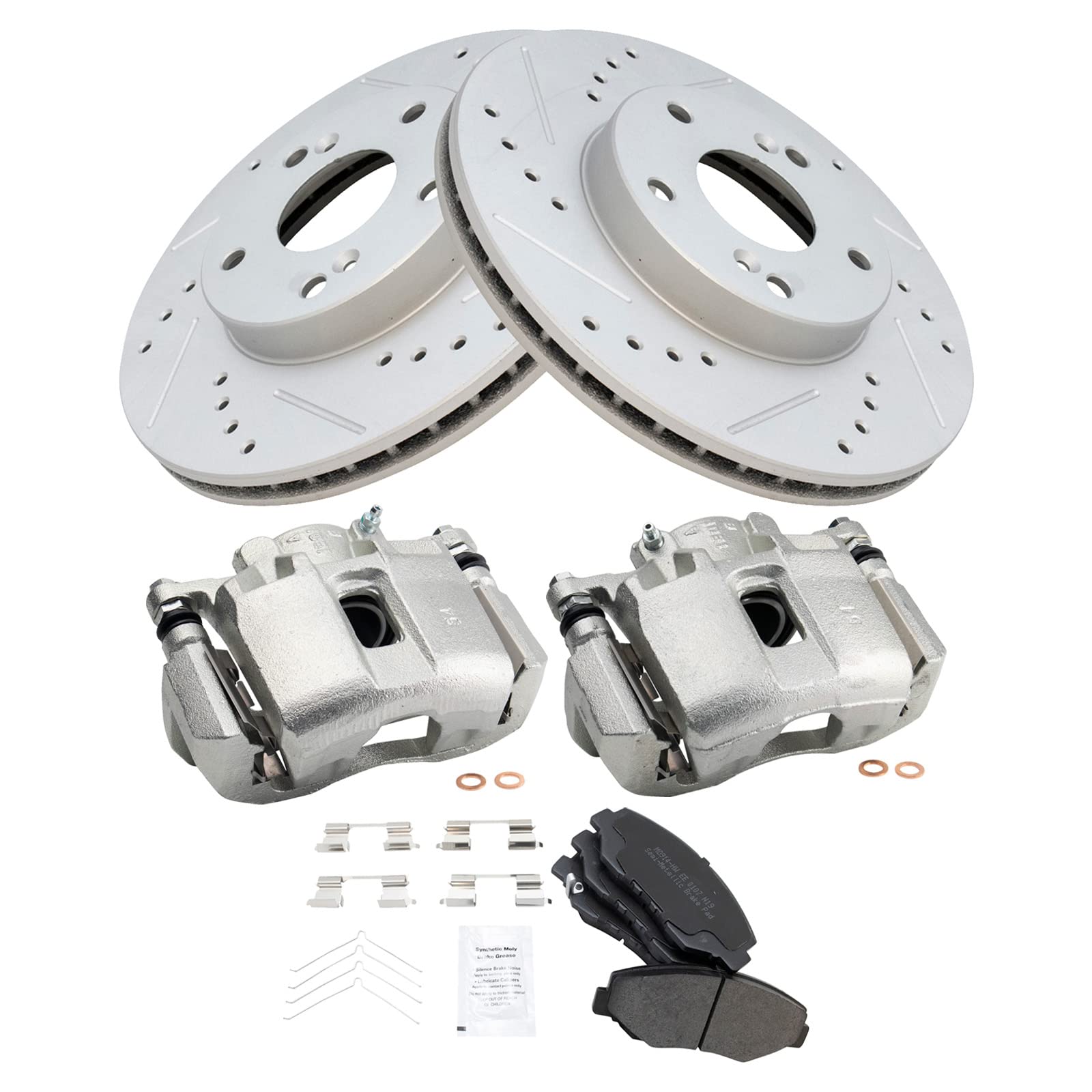 TRQ Front Performance Brake Pad & Rotor Kit - Semi-Metallic Vented G-Coated - Compatible with 2003-2004 Honda Accord - Includes Calipers, Pads & Rotors - Perfect for Daily Driving & Performance Upgrades
