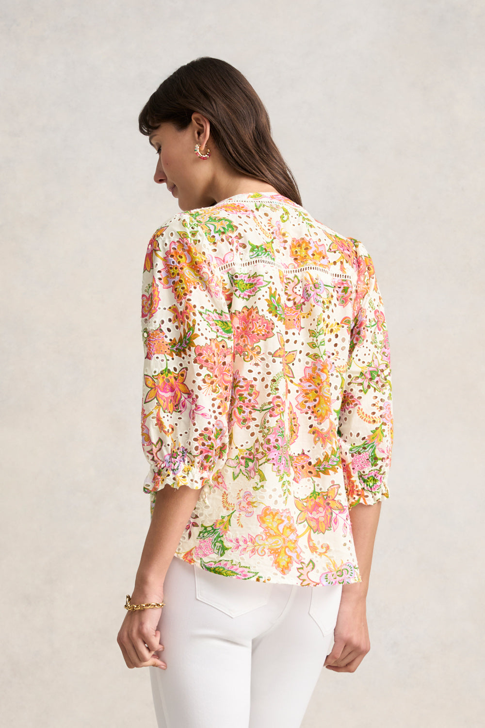 Floral Printed Broderie Shirt for Women - Elegant White Embroidered Blouse for Casual Wear & Summer Outfits
