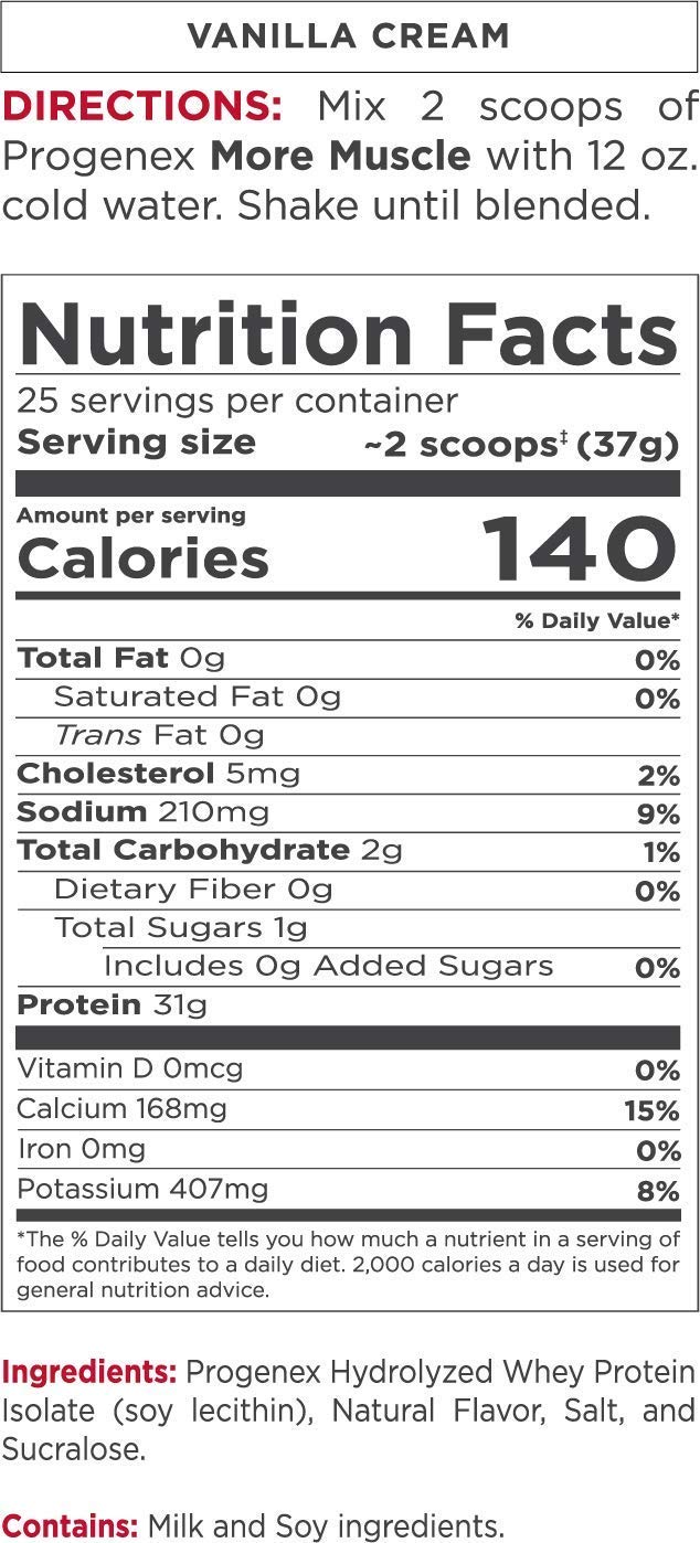 Progenex® More Muscle Hydrolyzed Whey Protein Isolate Powder - No Added Sugar, Low Carb for Lean Muscle Gain | Best Tasting High Protein Shake for Women & Men | 25 Servings Vanilla Cream | Post-Workout Recovery & Meal Replacement