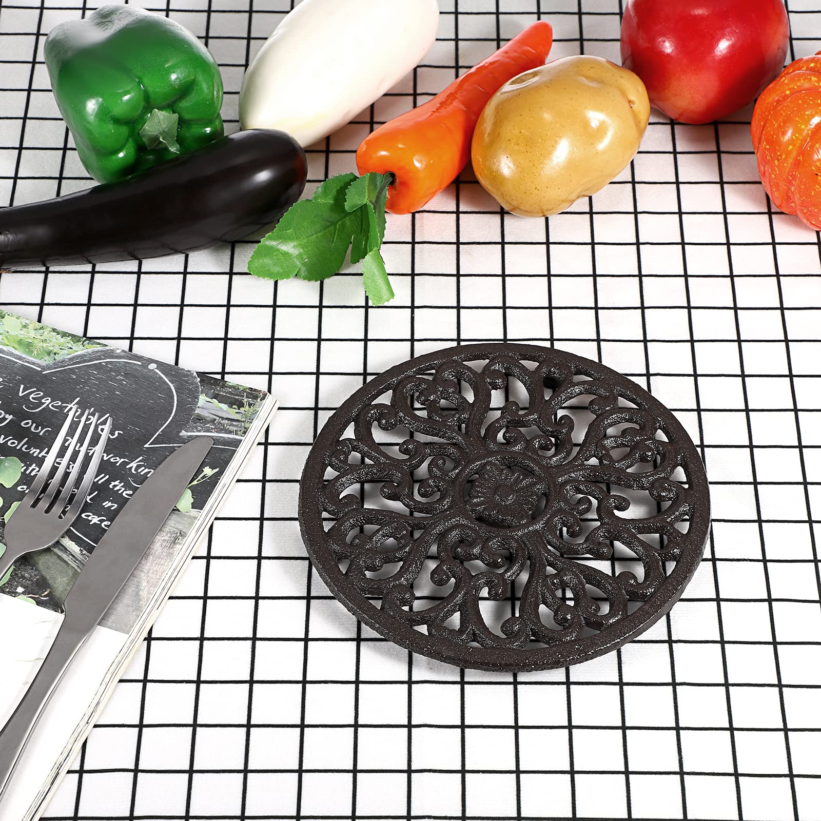 6.7 Inch Round Cast Iron Trivet - Heat Resistant Kitchen Trivet for Hot Pots, Pans & Dishes - Rustic Style Iron Plate Holder for Dining Table, Countertop & Cooktop - Perfect for Serving Hot Meals & Protecting Surfaces