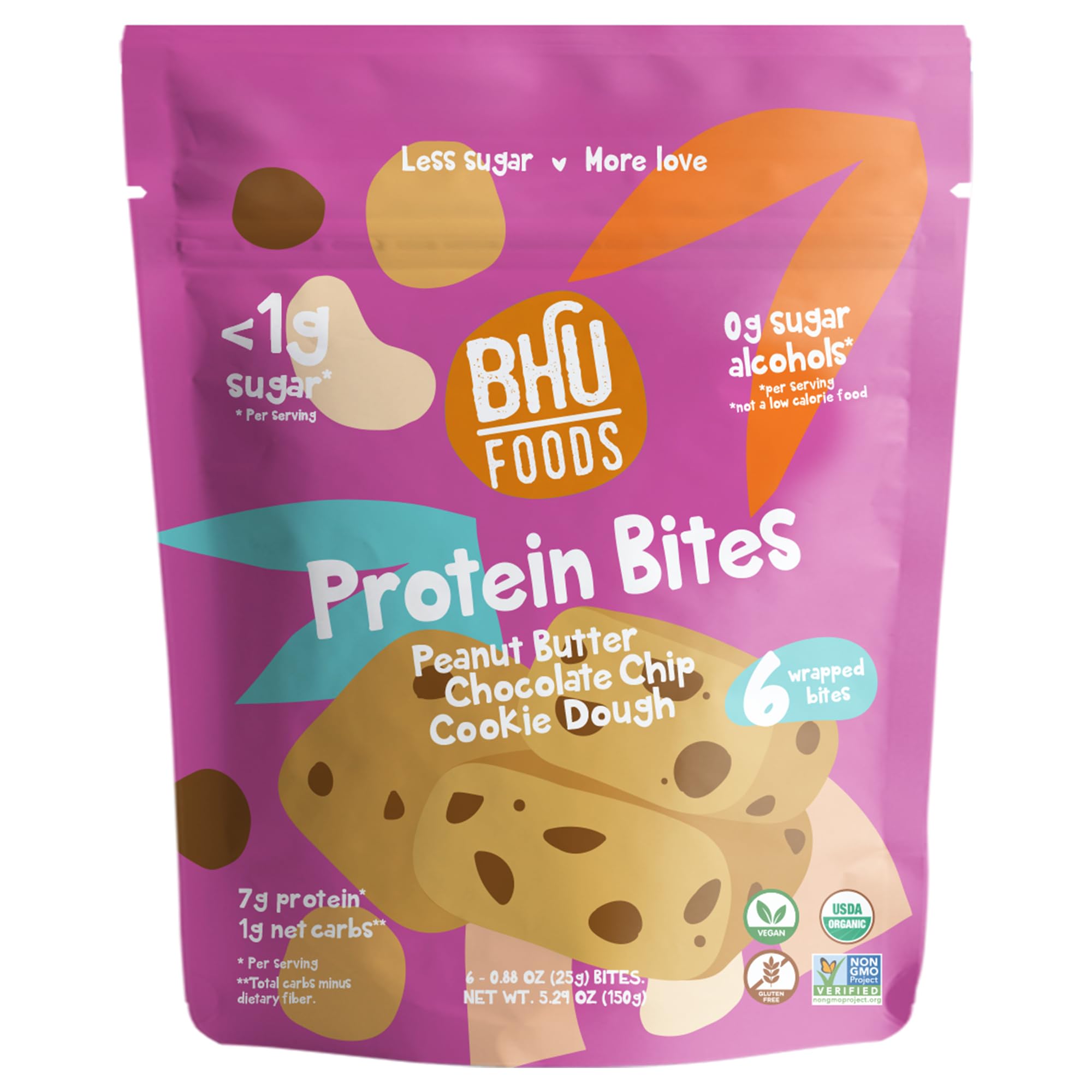 Bhu Foods Keto Bites - Organic Peanut Butter Chocolate Chip Cookie Dough | Gluten Free, Vegan, Low Carb & Sugar Snacks for Adults & Kids | Individually Wrapped (1 Pack) | Perfect for On-the-Go Snacking, Lunchboxes & Keto Diet