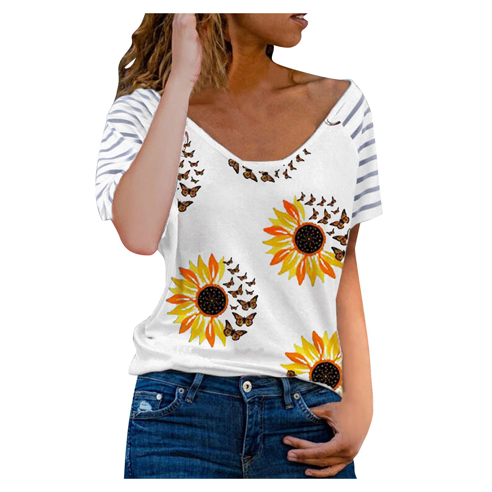 Women's Work Tops - Autumn O-Neck Short Sleeve Blouse with Lace Stitching & Loose Fit Tunic Top | Office Wear, Casual Outfits & Fall Fashion