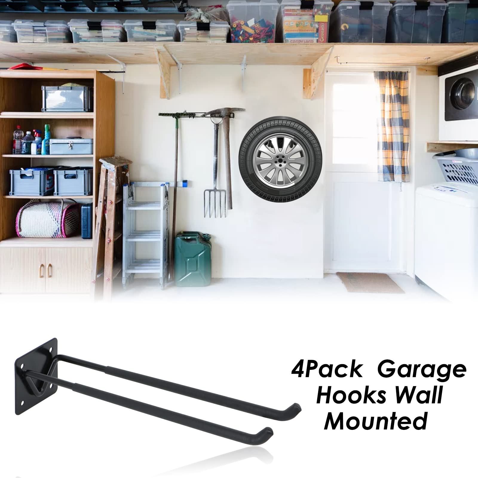 Heavy Duty Garage Storage Hooks 4 Pack - Steel Wall Mount Utility Hooks with Screws & Anchors for Tires, Ladders, Bikes, Chairs, Power & Garden Tools - Perfect for Garage, Shed, and Workshop Organization