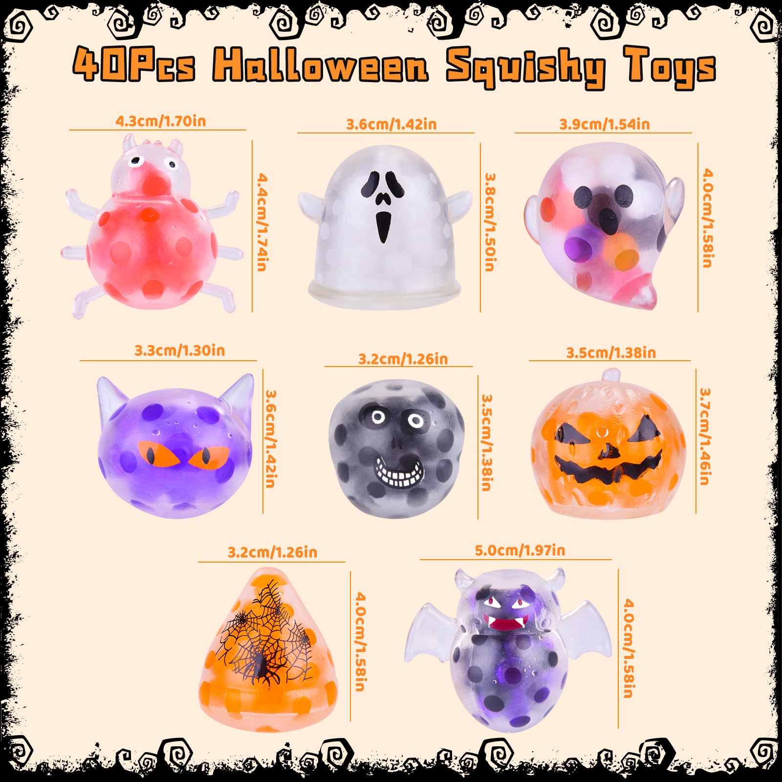 40Packs Halloween Mochi Squishy Toys - Cute Party Favors, Goodie Bag Fillers, Stress Relief Fidget Toys for Kids - Perfect for Halloween Treats, Classroom Prizes & Sensory Play