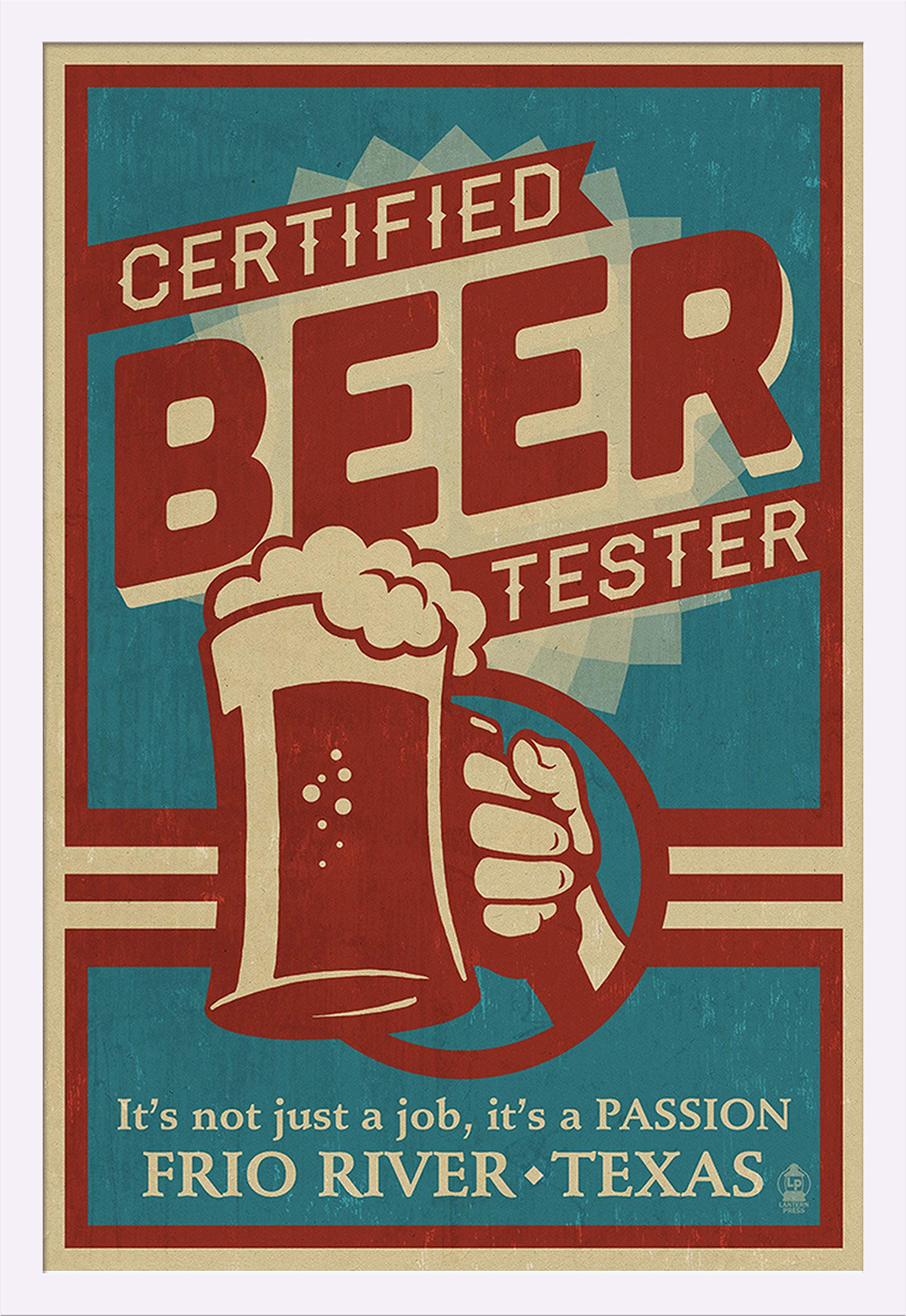 Frio River Texas Certified Beer Tester 68497 - 24x36 Giclee Art Print with White Wood Gallery Frame - Perfect for Home Bar, Man Cave & Office Decor