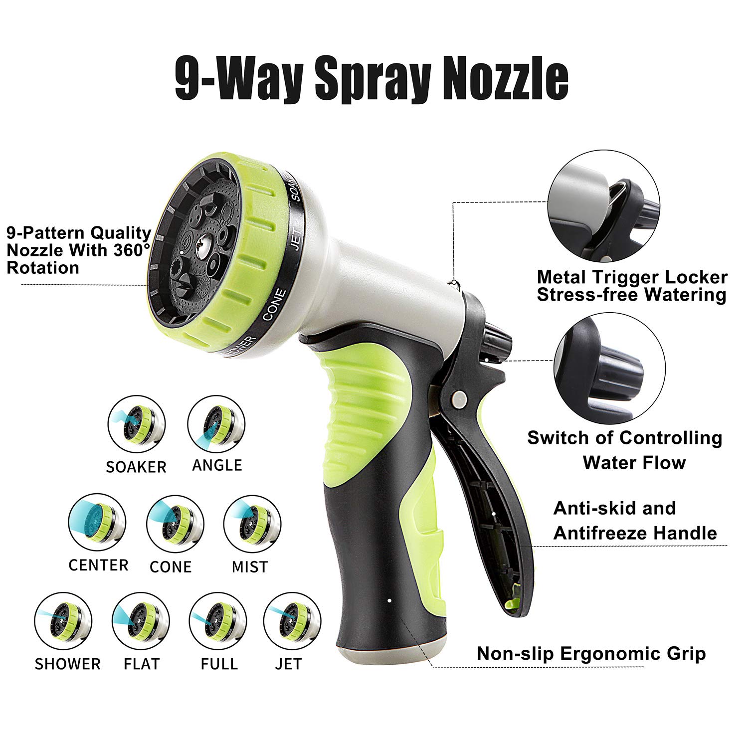 100 ft Heavy Duty Garden Hose with 9-Way Spray Nozzle - Flexible 4-Layer Hybrid Design, 3/4