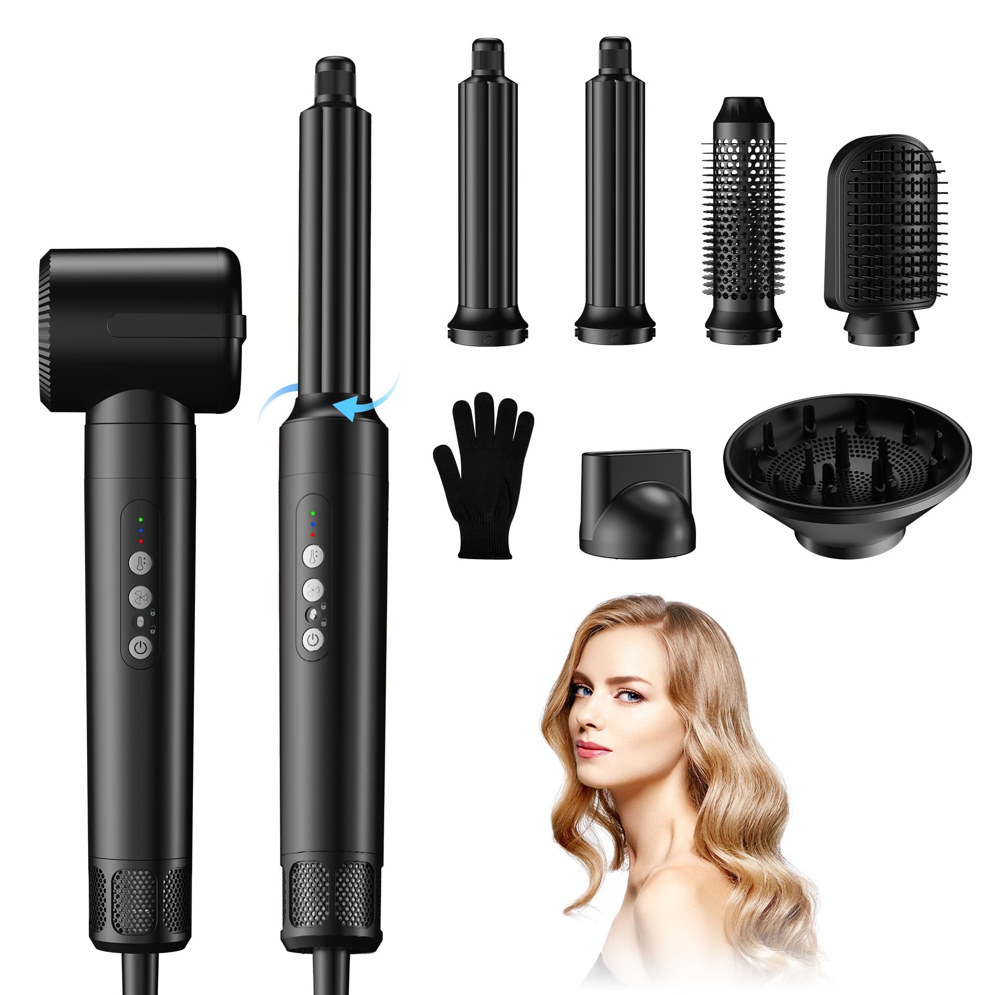 Professional 7-in-1 Hair Dryer Brush with 140,000 RPM High-Speed Negative Ionic Technology - Blow Dryer, Curling Iron & Volumizer for Fast Drying, Straightening & Styling (Black) | Perfect for Home Salon, Travel & Daily Hair Care