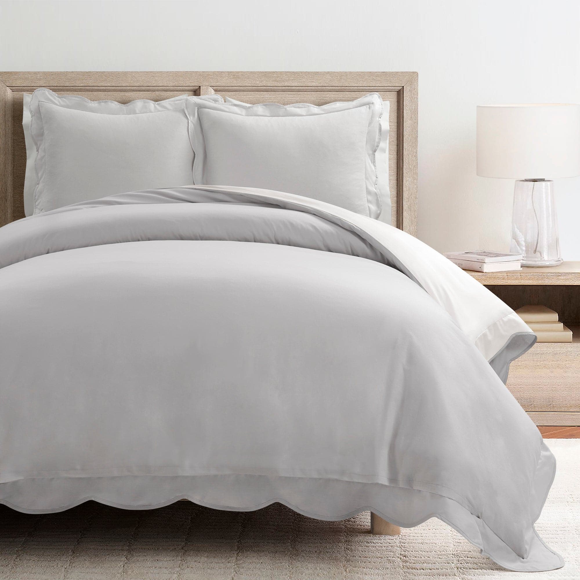 Coastal Chic Scalloped Edge 100% Cotton Reversible Duvet Cover Set - Breathable Soft Bedding for Beach House & Boho Bedroom Decor