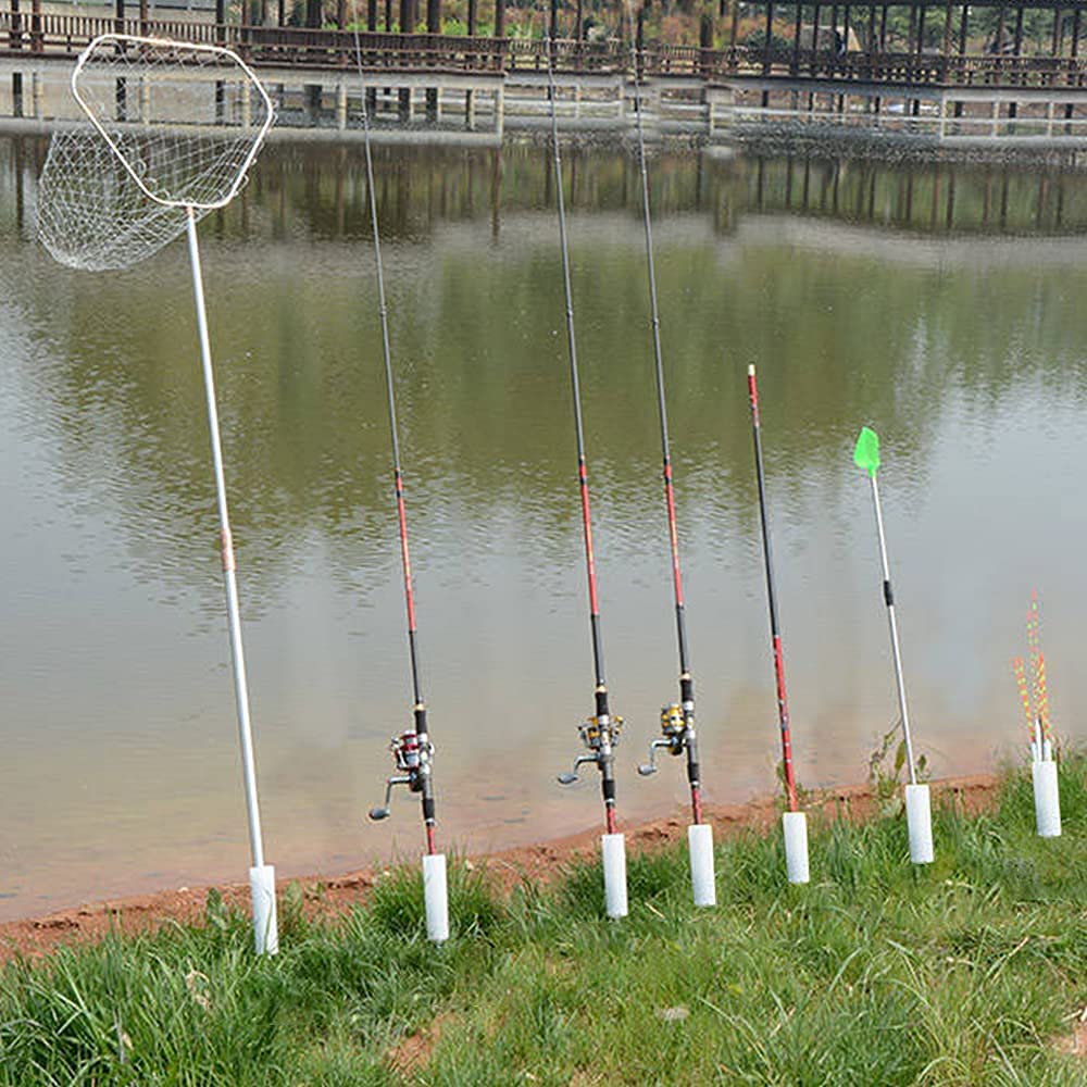 4 Pack Heavy Duty PVC Fishing Rod Holders - Bank & Beach Fishing Pole Stand with 4 Free Alarm Bells - Perfect for Shoreline, Pier, and Surf Fishing Accessories