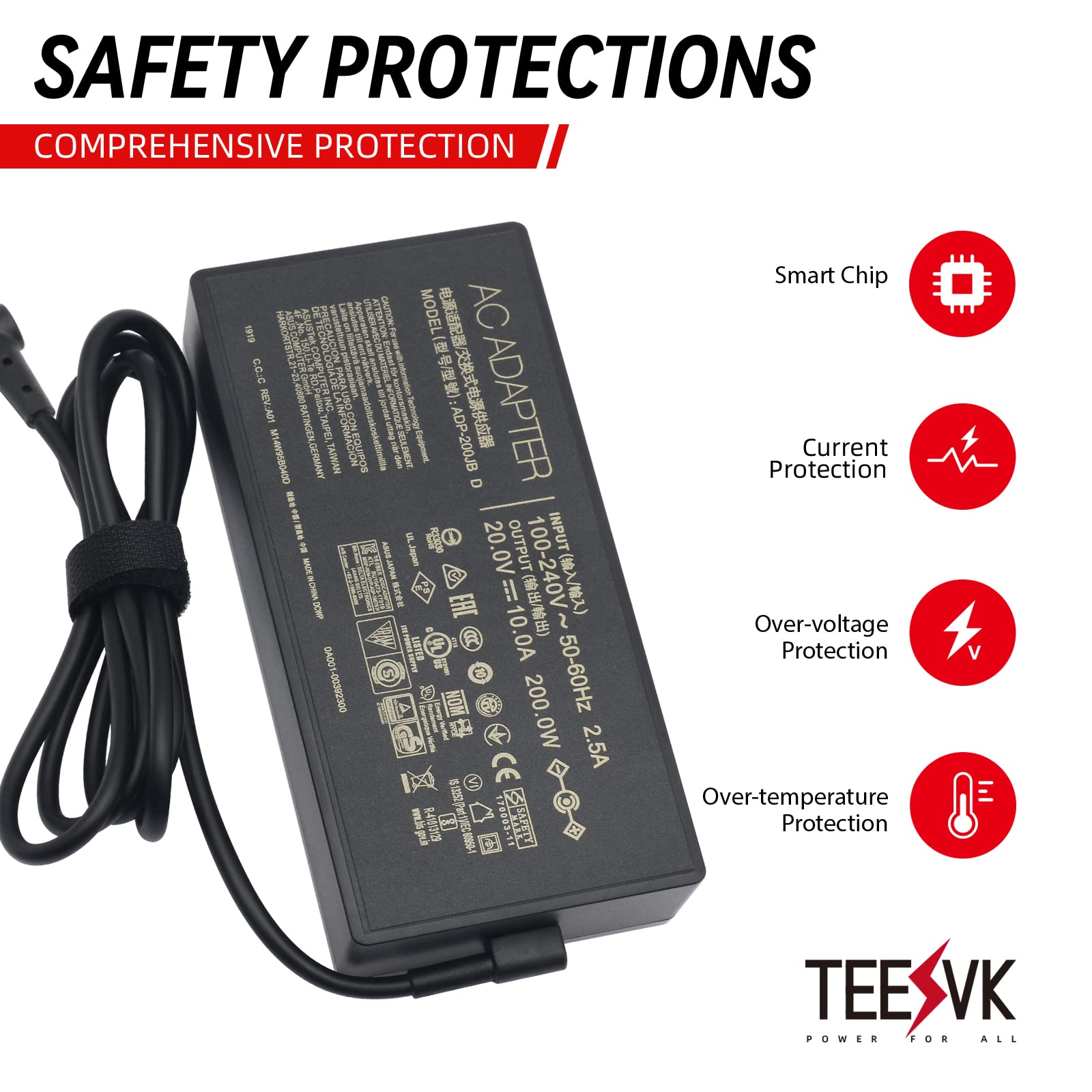 200W ASUS TUF Gaming Laptop Charger - Compatible with ASUS ADP-200JB D, TUF A15/A17, Dash F15, FX516PR, FA506QR, ROG Zephyrus G15, ROG Strix G15/G17 - Perfect for Gaming, Work & Travel Power Supply
