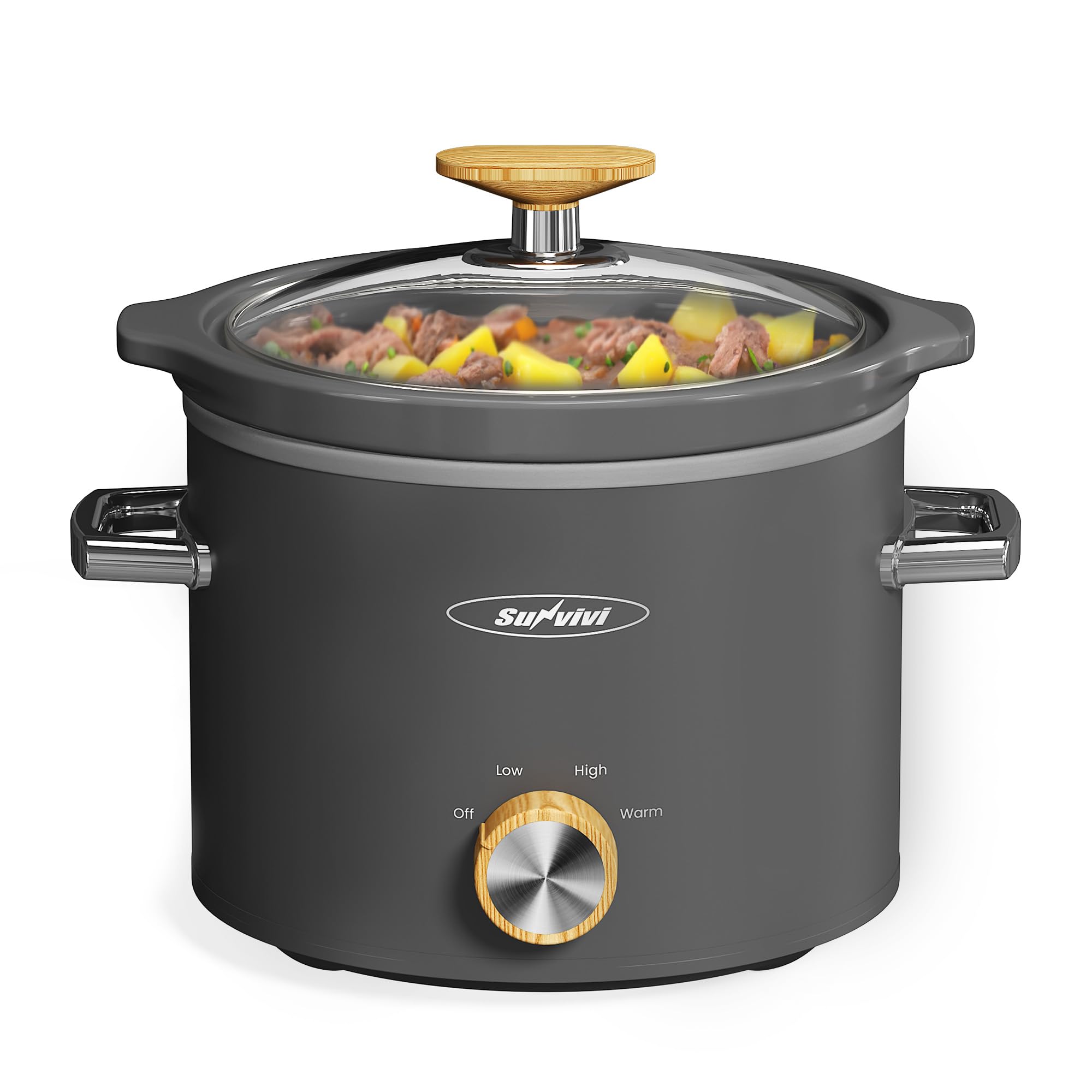Sunvivi 2 Quart Slow Cooker - Small Crock Pot with Removable Ceramic Bowl, 3 Heat Settings & Dishwasher Safe Glass Lid, Perfect for Soups, Stews & Meal Prep (Grey)