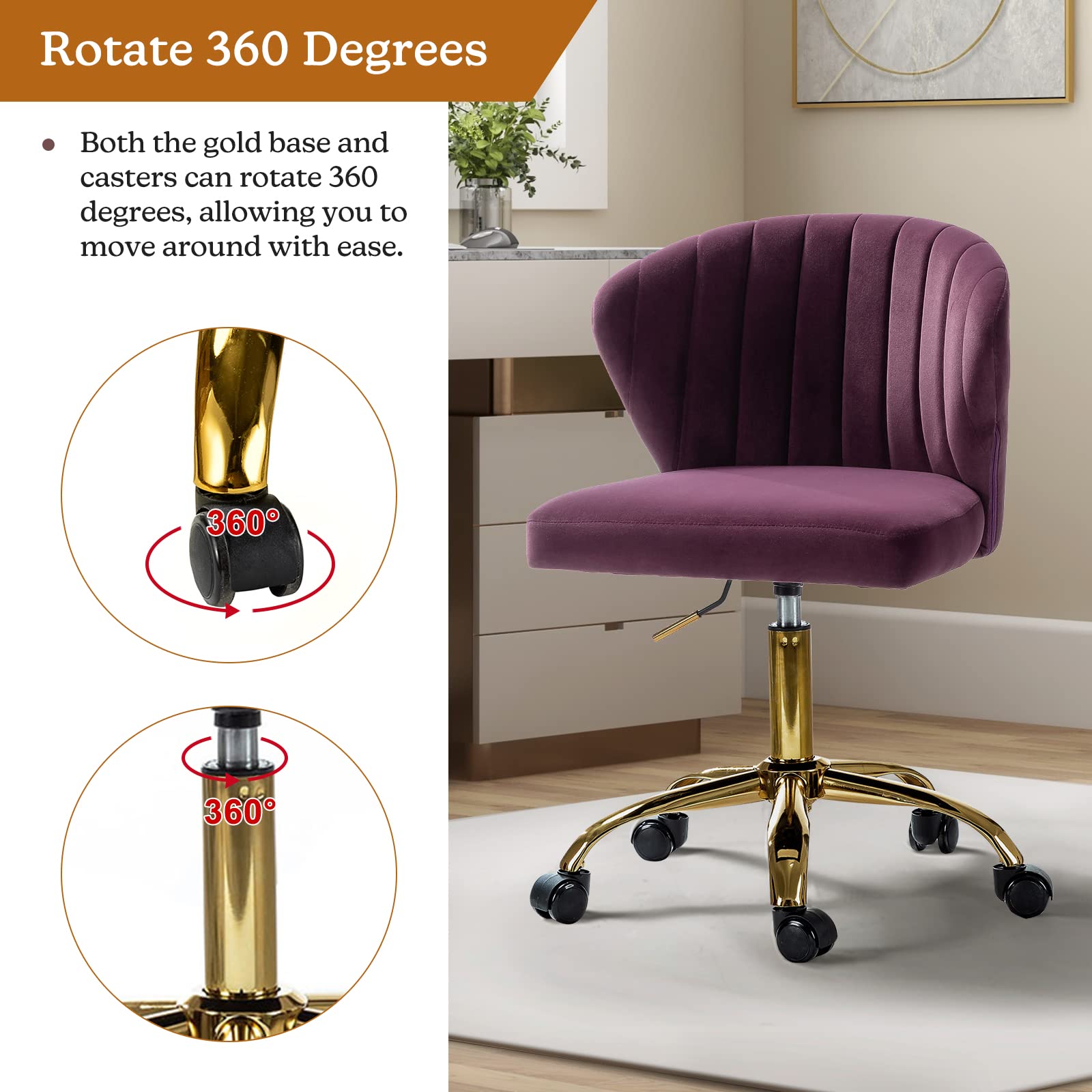 TINA'S HOME Modern Velvet Office Chair with Wheels & Gold Base - Adjustable Low Back Swivel Rolling Task Chair for Home Office, Living Room, Vanity & Study (Purple) - Ergonomic Armless Design for Comfortable Workspace & Study Sessions