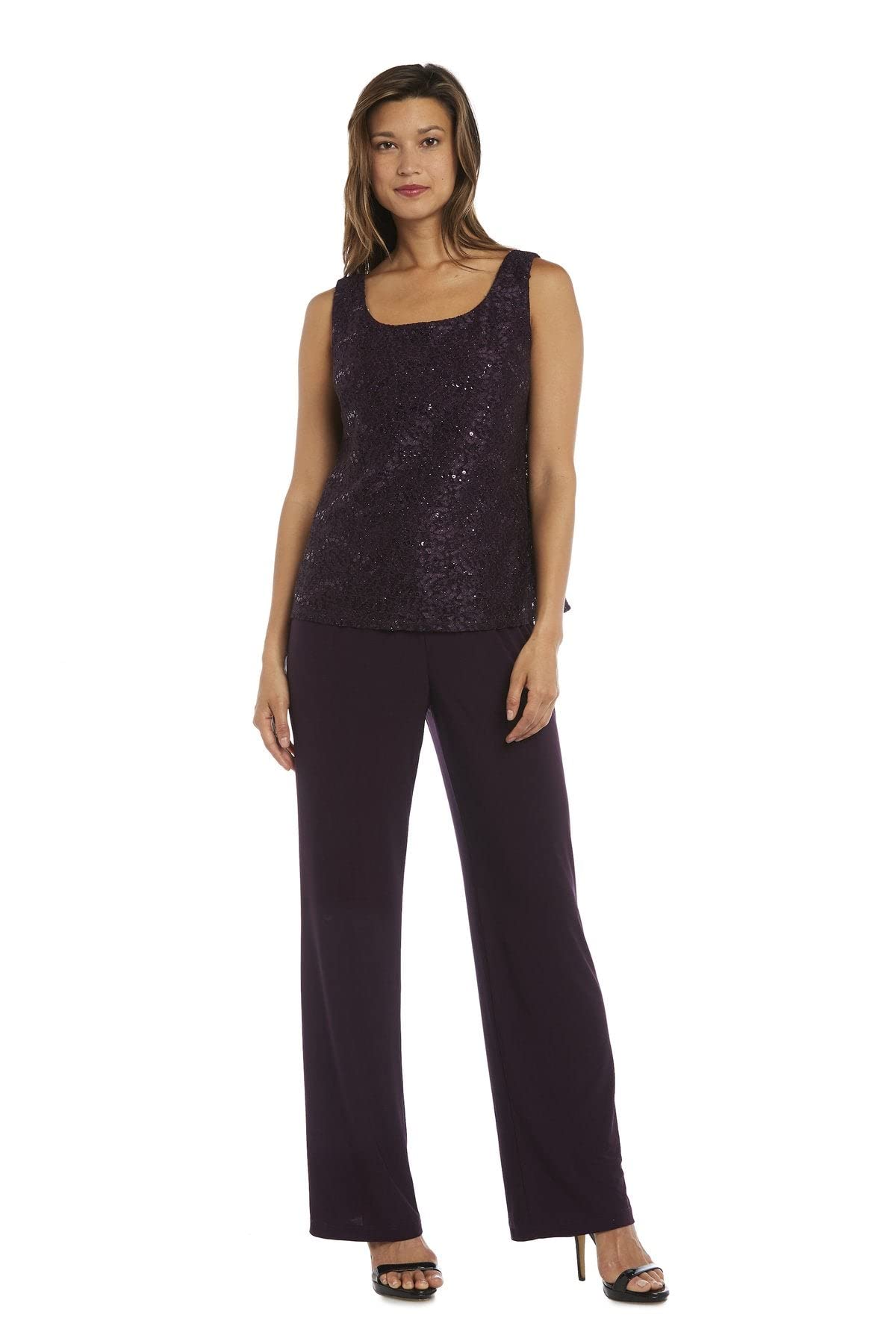 R&M Richards Women's 3 Piece Scalloped Sequin Lace Pant Suit - Elegant Mother of The Bride Outfit (Plum, Size 10) | Formal Wedding Guest Attire & Special Occasion Ensemble