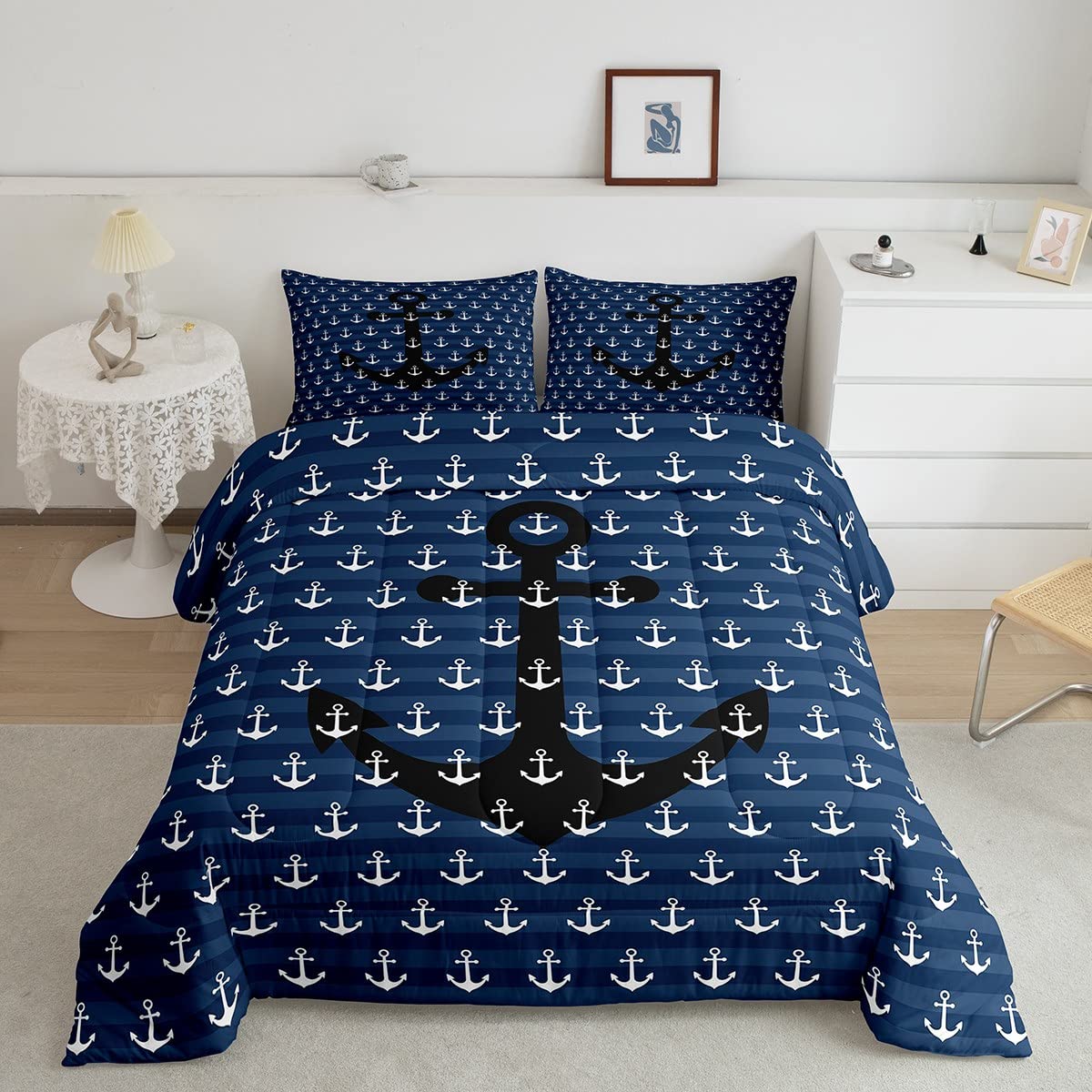 Nautical Anchor Printed Comforter Set Queen Size - Blue Stripes Bedding for Boys, Kids & Adults - Lightweight, Warm & Soft - Includes 1 Comforter & 2 Pillowcases - Perfect for Nautical Theme Bedrooms, Dorm Rooms & Guest Rooms