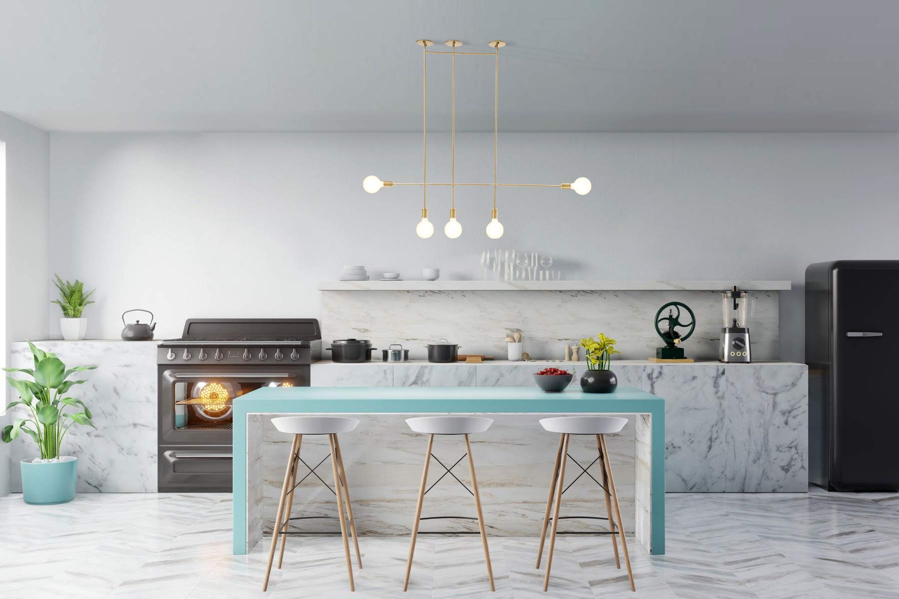 Modern 5-Light Gold Pendant Lighting Fixture - Flush Mount Chandelier for Kitchen Island, Dining Room & Home Decor | Dimmable LED Bulbs Included | Perfect for Farmhouse, Industrial & Contemporary Interiors