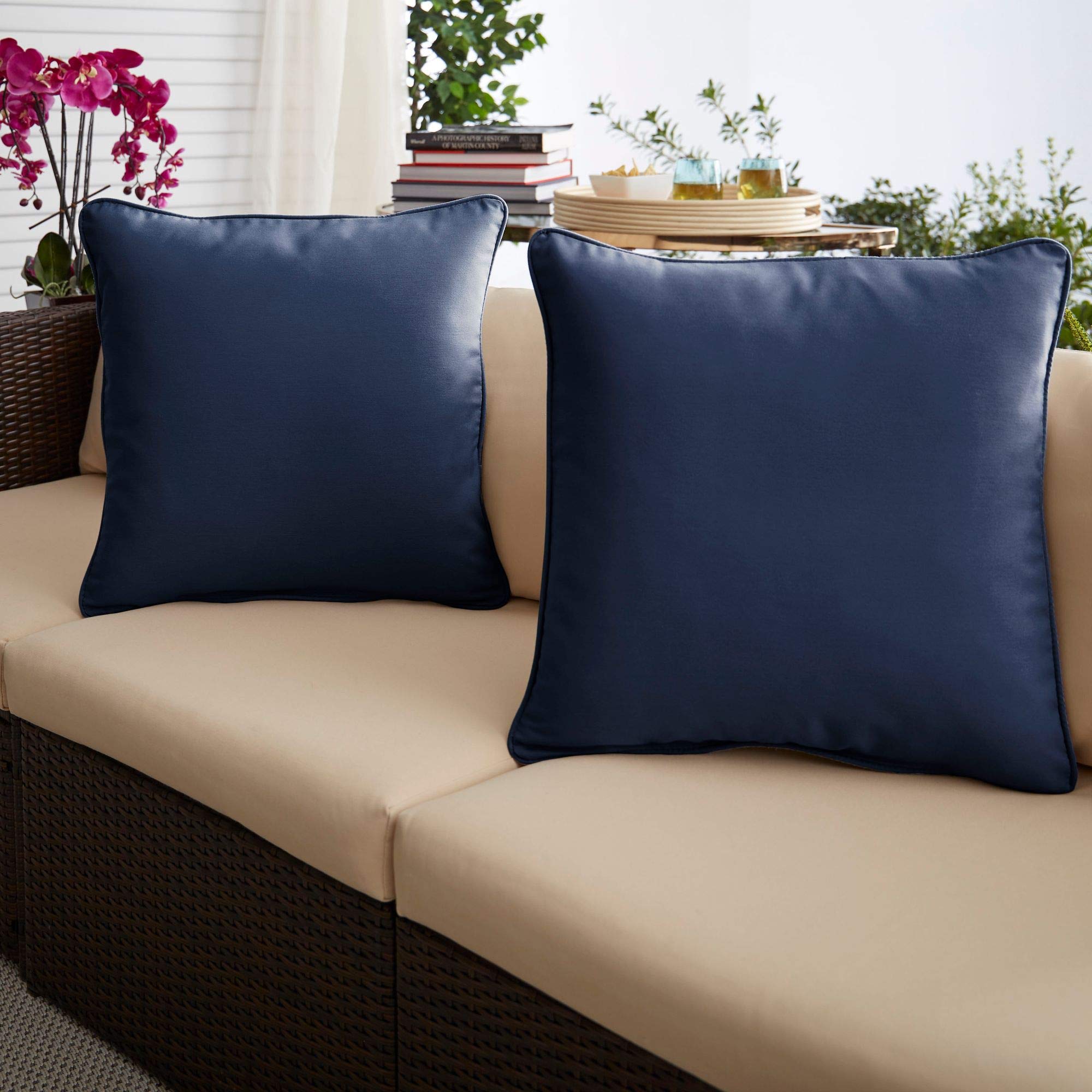 Premium Set of 2 Navy Blue Outdoor Decorative Square Pillows - 18 Inch Waterproof Canvas Cushions for Patio Furniture, Garden Chairs & Porch Decor