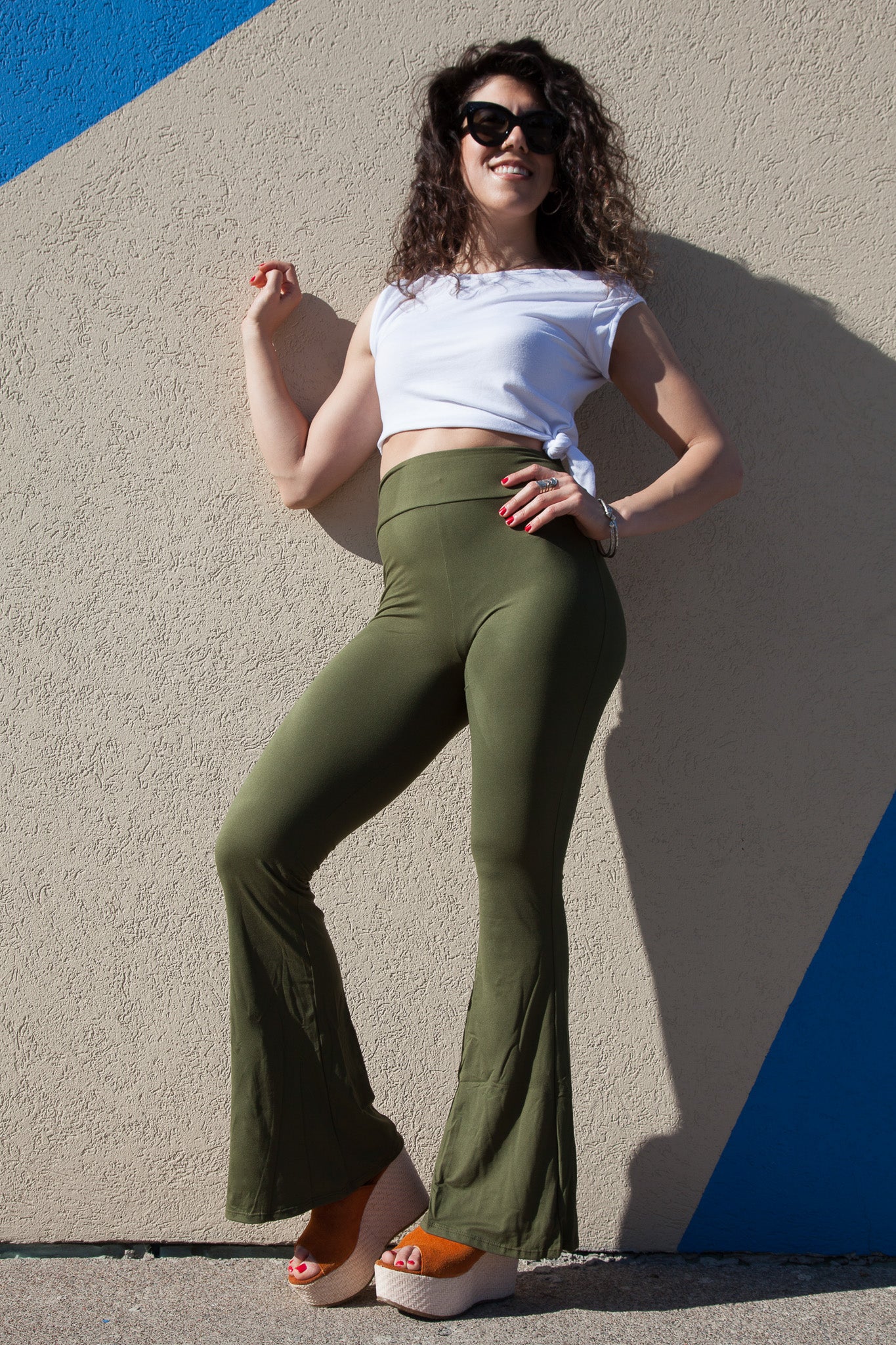 Olive Green Flare Leggings for Women - High Waisted Yoga Pants with Pockets - Perfect for Workouts, Running & Casual Wear