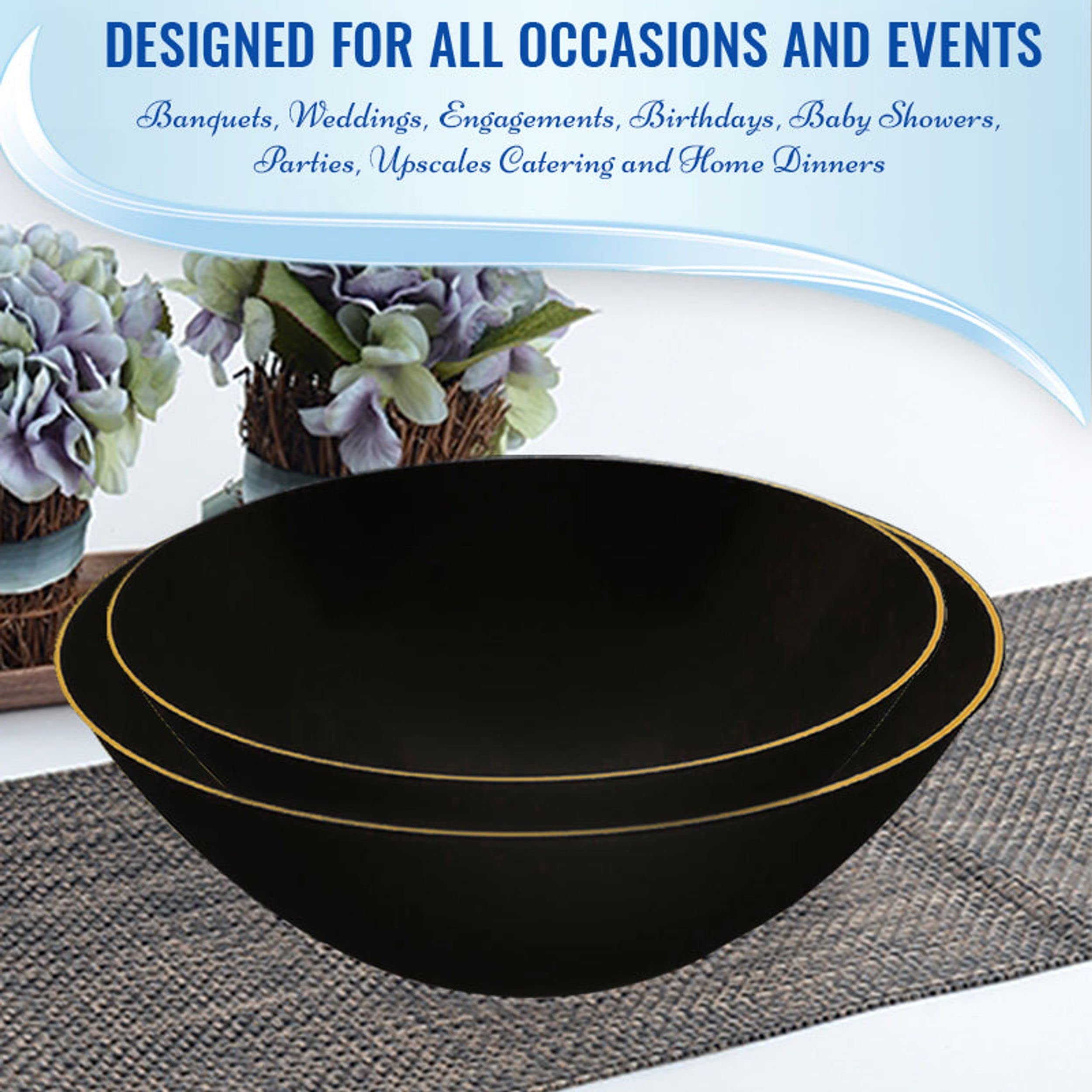 Eco-Friendly Disposable Plastic Plates with Elegant Rim Design - Bulk Round Dinnerware for Weddings, Birthdays & Special Events (Black & Gold, 60-Pack 32oz Bowls) - Perfect for Catering, Picnics & Party Decorations