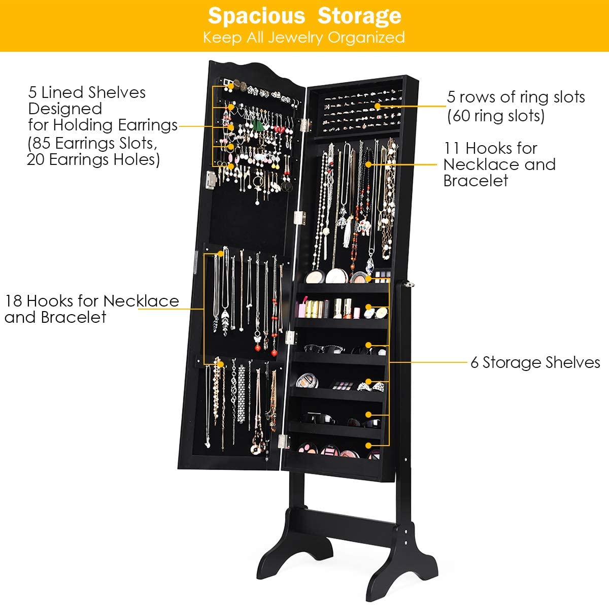 AUGESTER Lockable Full Length Mirror Jewelry Armoire Organizer - Large Adjustable Storage Cabinet with 4 Angel Design & Top Arc, 2-in-1 Jewelry Box (Black) | Perfect for Bedroom, Closet & Dressing Room Organization