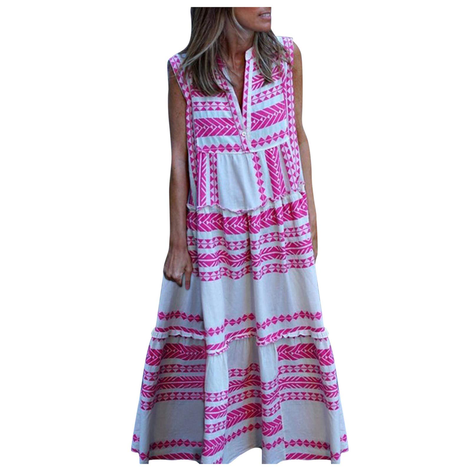 Women's Maxi Summer Beach Swing Dress - Striped Geometric Print Long Skirt | Casual Boho Flowy Dress for Vacations, Pool Parties & Outdoor Events