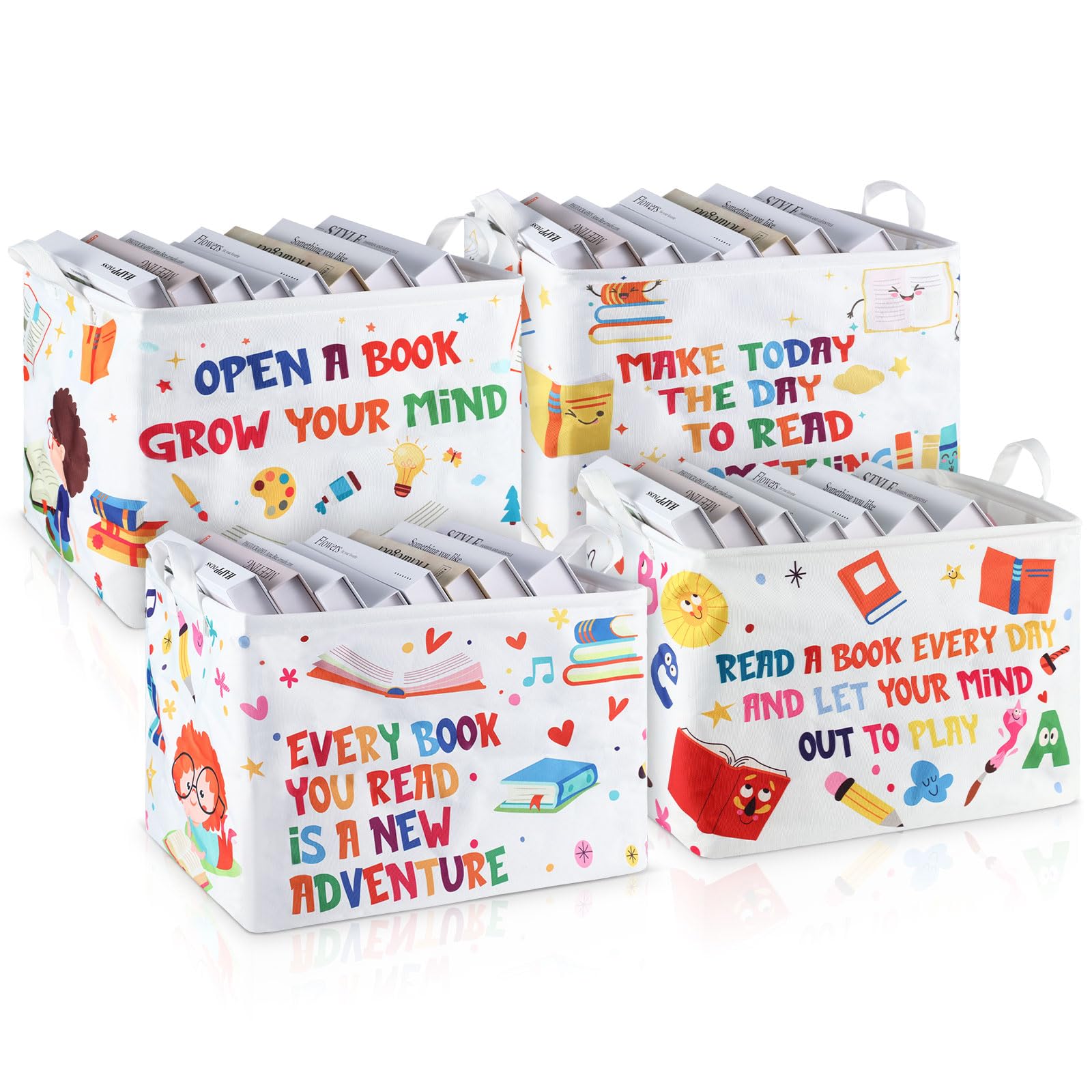 Domensi 4-Pack Foldable Kids Book Storage Bins - 15.7 x 11.8 x 11.8 Inch Rectangle Book Organizer for Nursery, Classroom & Library | Collapsible Book Basket for Bedroom, Closet & Playroom Organization | Perfect for Toy Storage, Book Display & Kids Room Decor