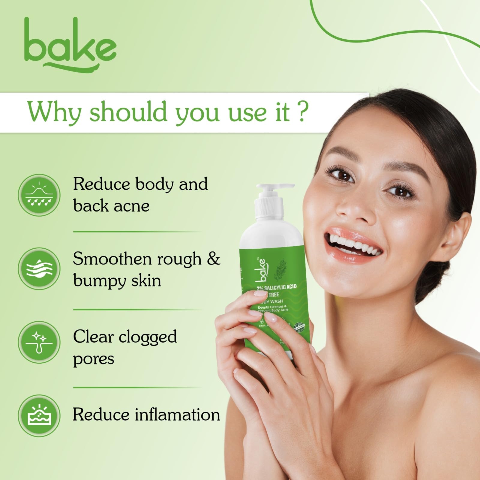 BAKE 2% Salicylic Acid & Lactic Acid Body Wash for Body Acne Treatment - Prevents Back Acne, Bumpy Skin, Reduces Inflammation & Strawberry Legs - Unisex Exfoliating Body Cleanser for Women & Men (250ml) - Perfect for Shower Routine & Post-Workout Skin Care