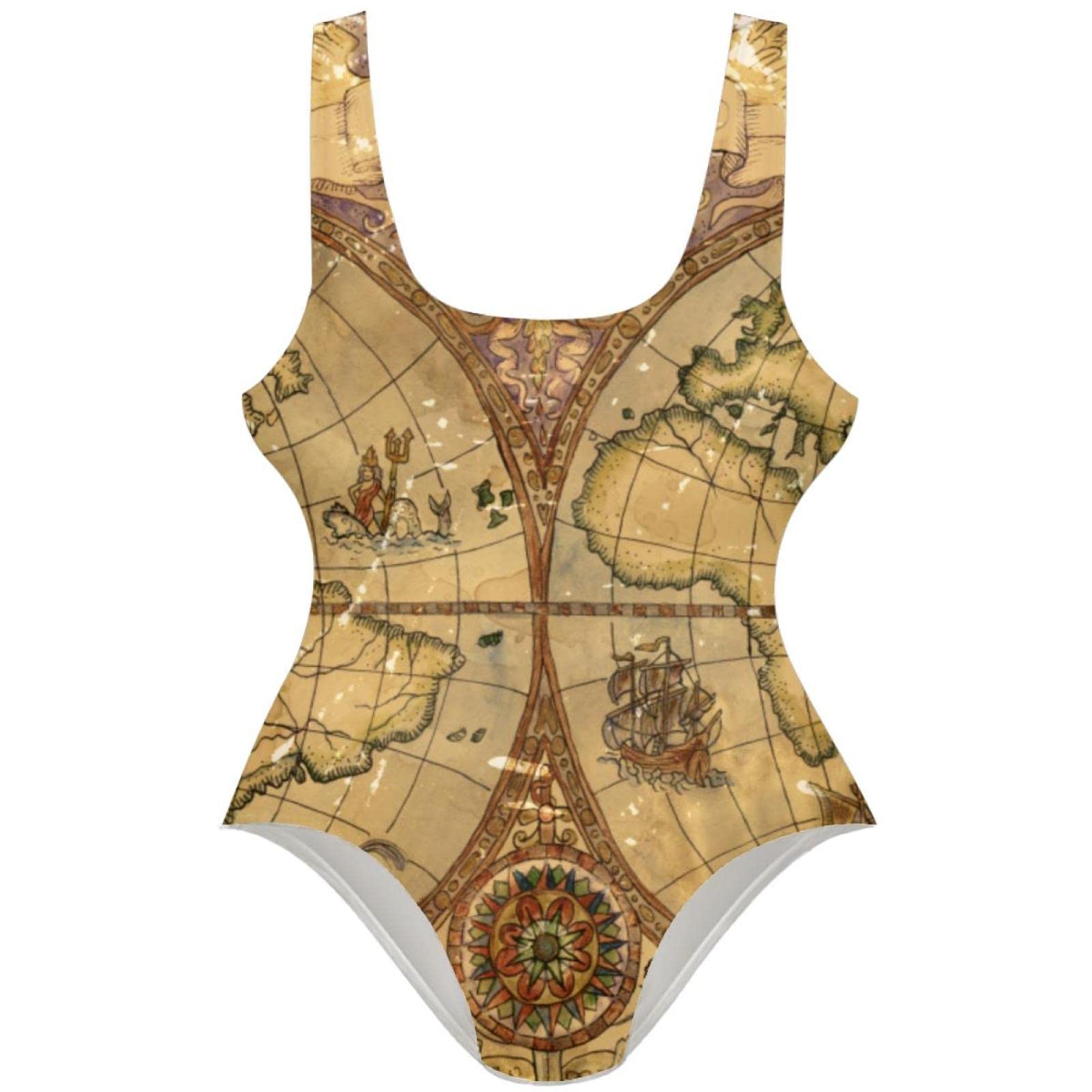 Vintage Map Retro Women's One Piece Swimsuit - U Back Bathing Suit for Women - High Waist Swimwear - Perfect for Beach Vacation, Pool Party & Summer Travel