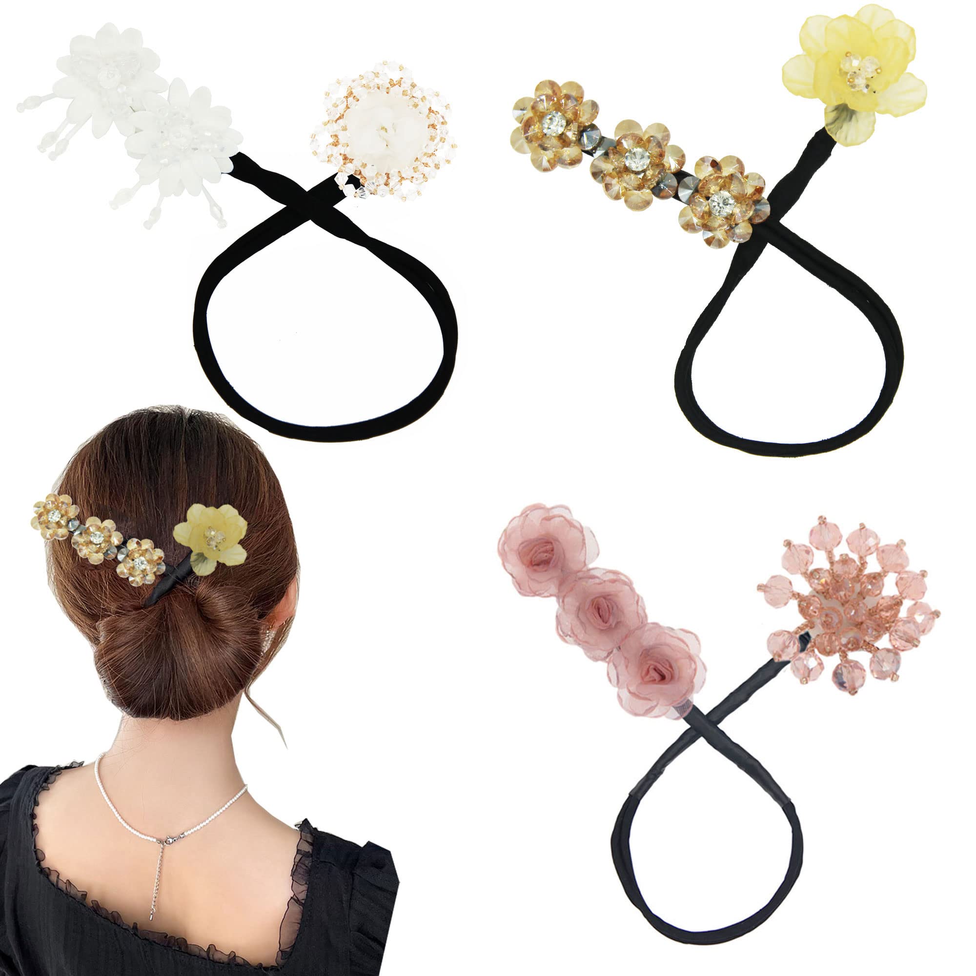 Elegant Shining Flower Hair Bun Maker with Scrunchies - Women's Hair Curler & Updo Styling Tool (Style 4) | Perfect for Weddings, Parties & Daily Hairstyles