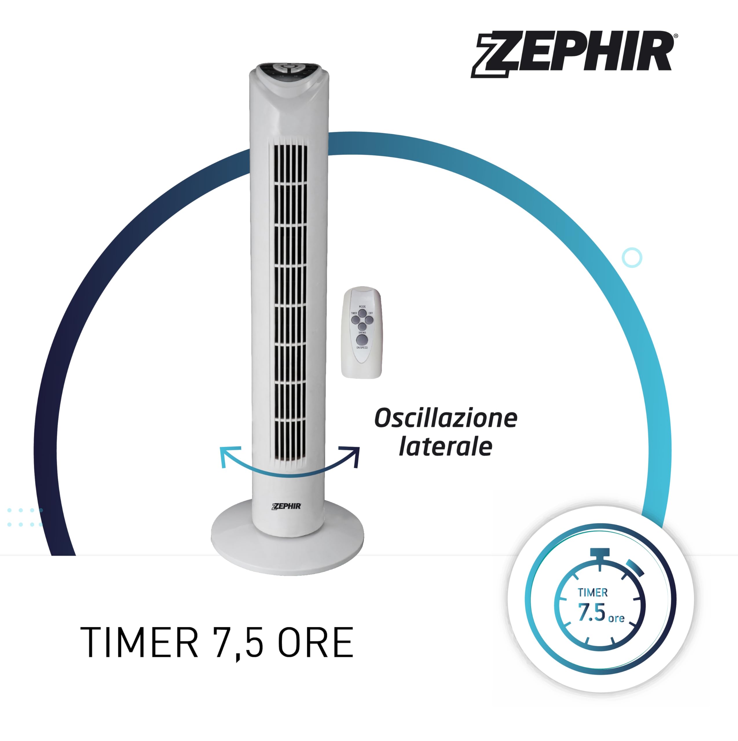 Zephir PH82TS Tower Fan with Remote Control, Timer, 45W, White - Quiet Cooling for Bedroom, Office & Living Room