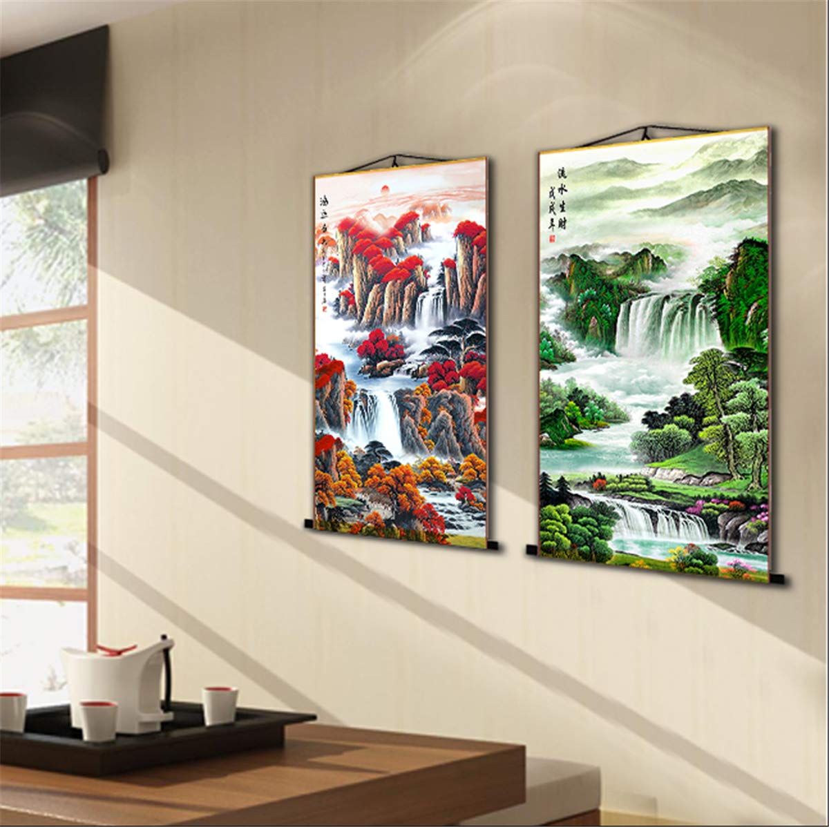 Zzooi Chinese Feng Shui Wall Art - Hand-Painted Silk Scroll with Auspicious Animals & Waterfall Landscape for Home & Office Decor | Perfect for Living Room, Bedroom & Meditation Space