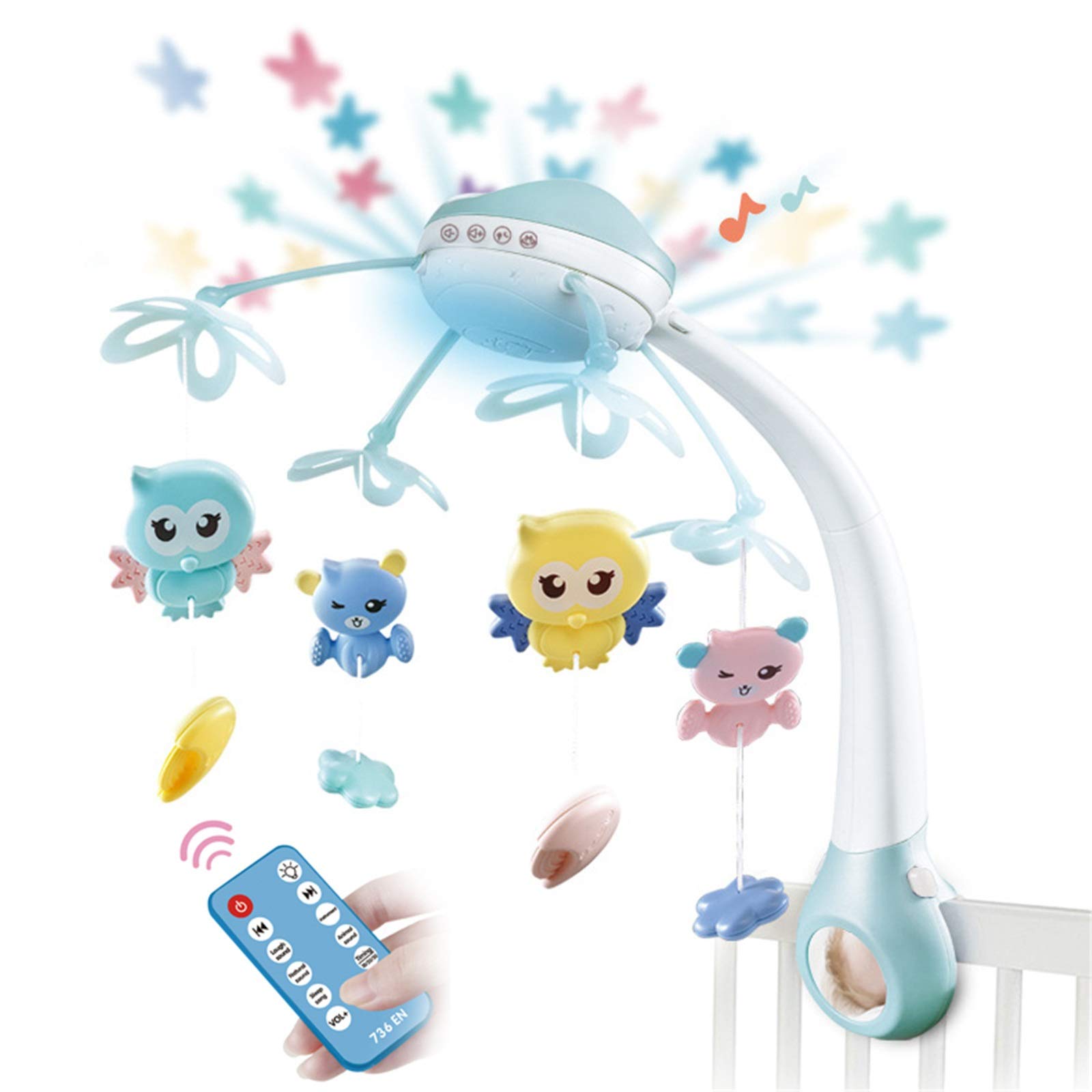 XJZ Baby Crib Mobile with Lights & Music - Remote Control Nursery Toy with Ceiling Light Projector (Blue) | Soothing Newborn Sleep Aid & Nursery Decor