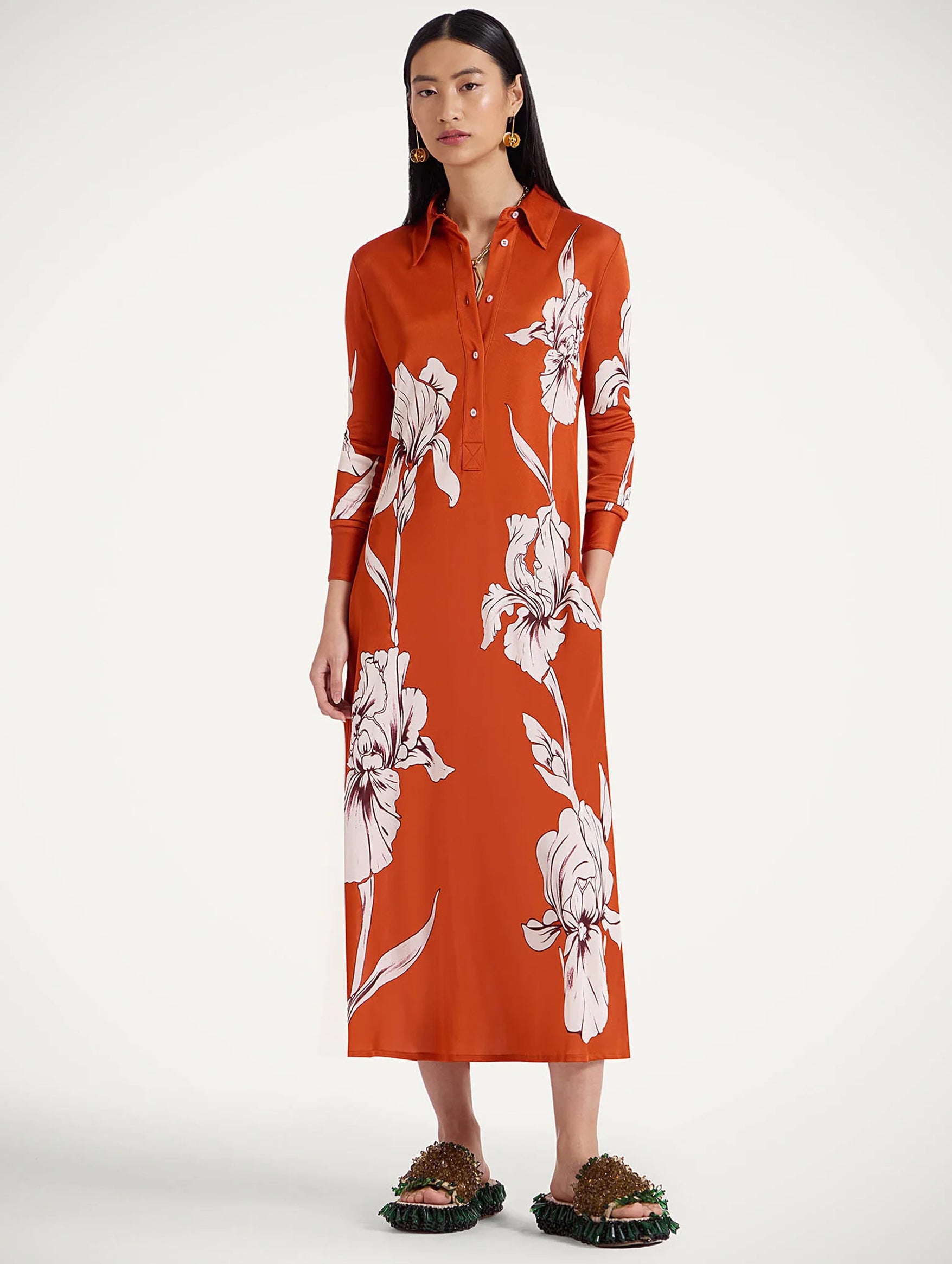 Perry Street Orange Iris Placée Dress - Elegant Floral Print Women's Dress for Casual Wear, Parties & Special Occasions