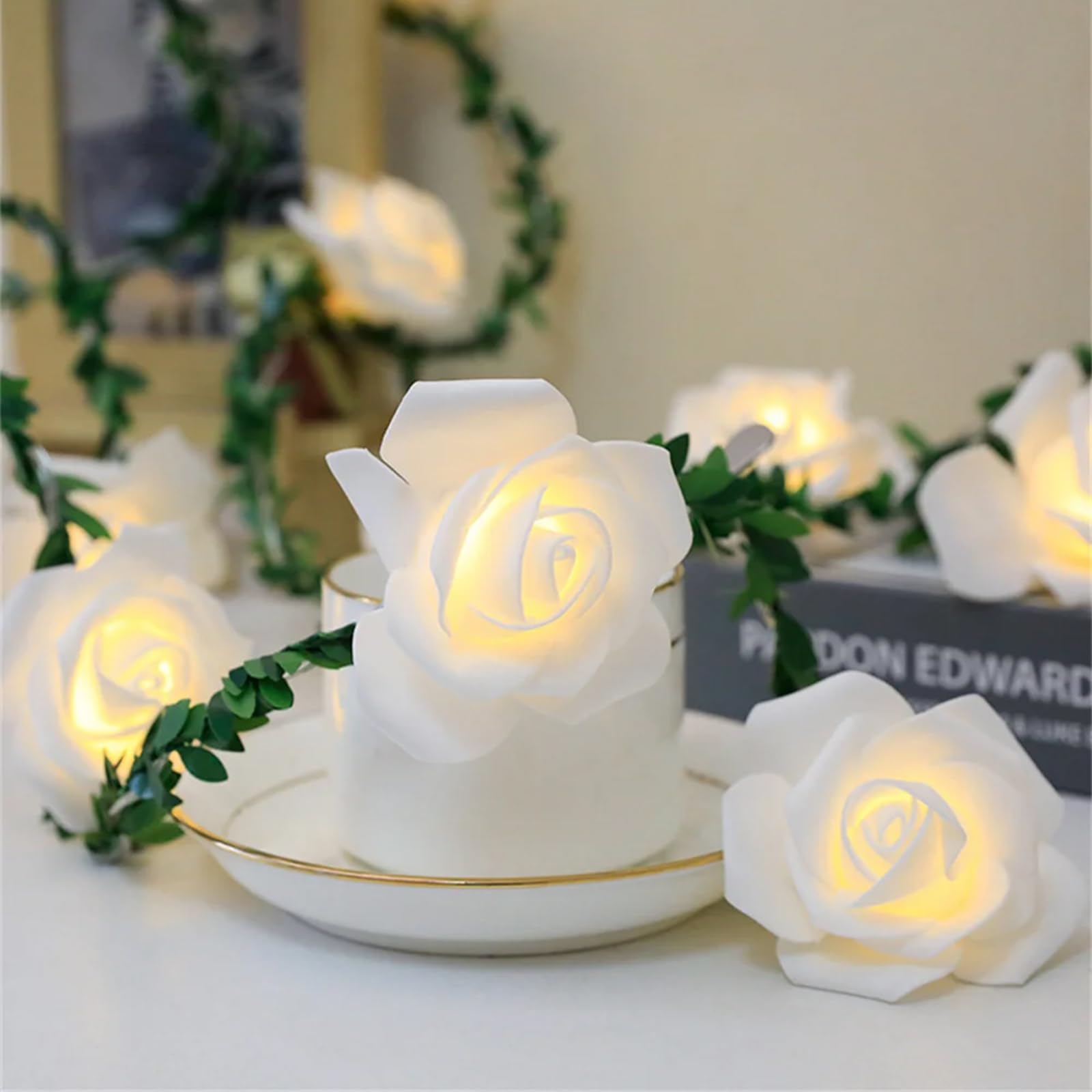 VIPMOON 10Ft Rose Vine Fairy String Lights - Battery Powered with Remote Control & 8 Lighting Modes, Warm White Indoor/Outdoor Decorative Lights for Wedding, Birthday Party, Mother's Day, Garden, Bedroom, Patio Decor