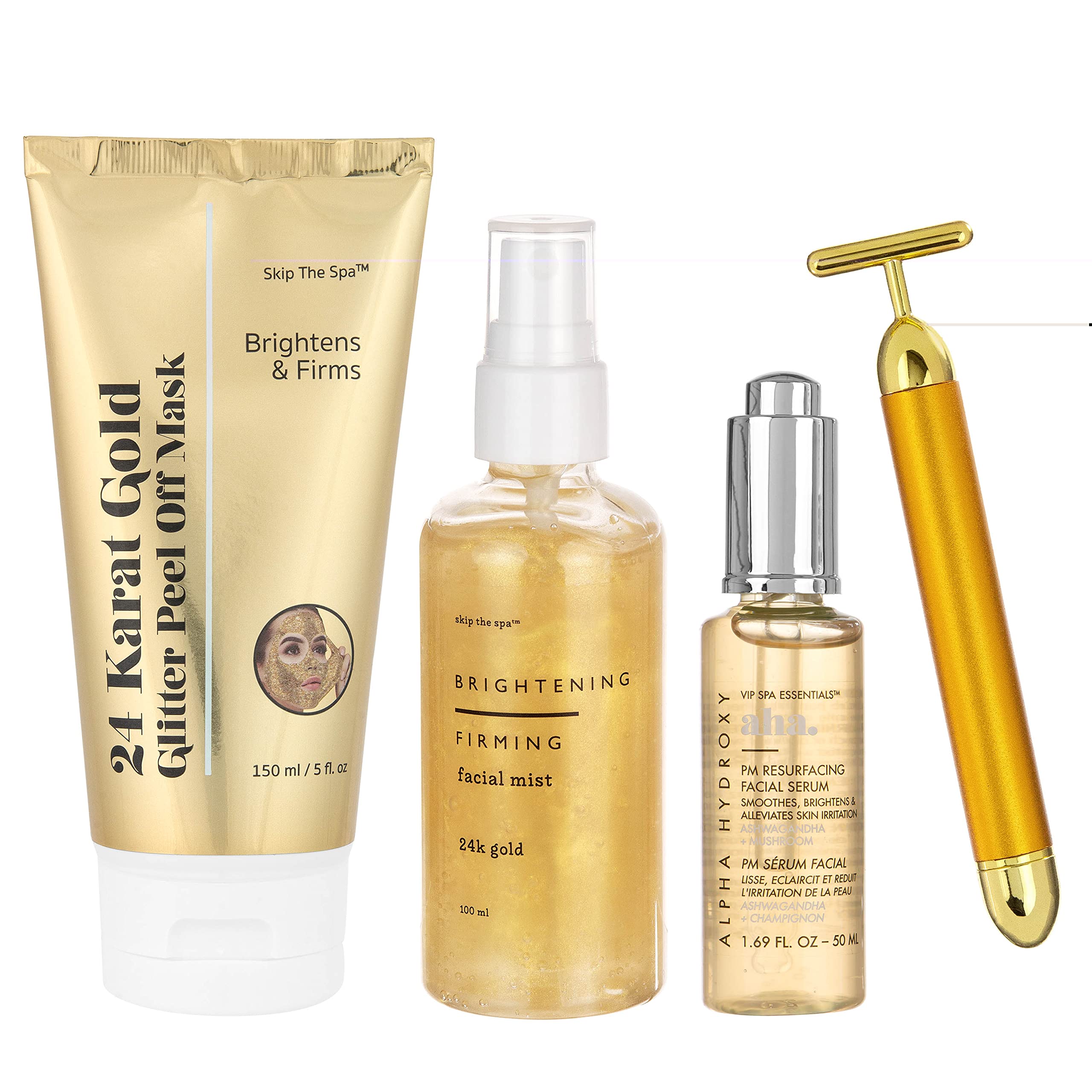 Jean Pierre Cosmetics 24K Gold Skincare Set - Glitter Peel Off Mask, Brightening Facial Mist, AHA Resurfacing Serum & Vibrating Gold Roller | Holiday Glam Bundle for Party & Special Occasion Skin Prep
