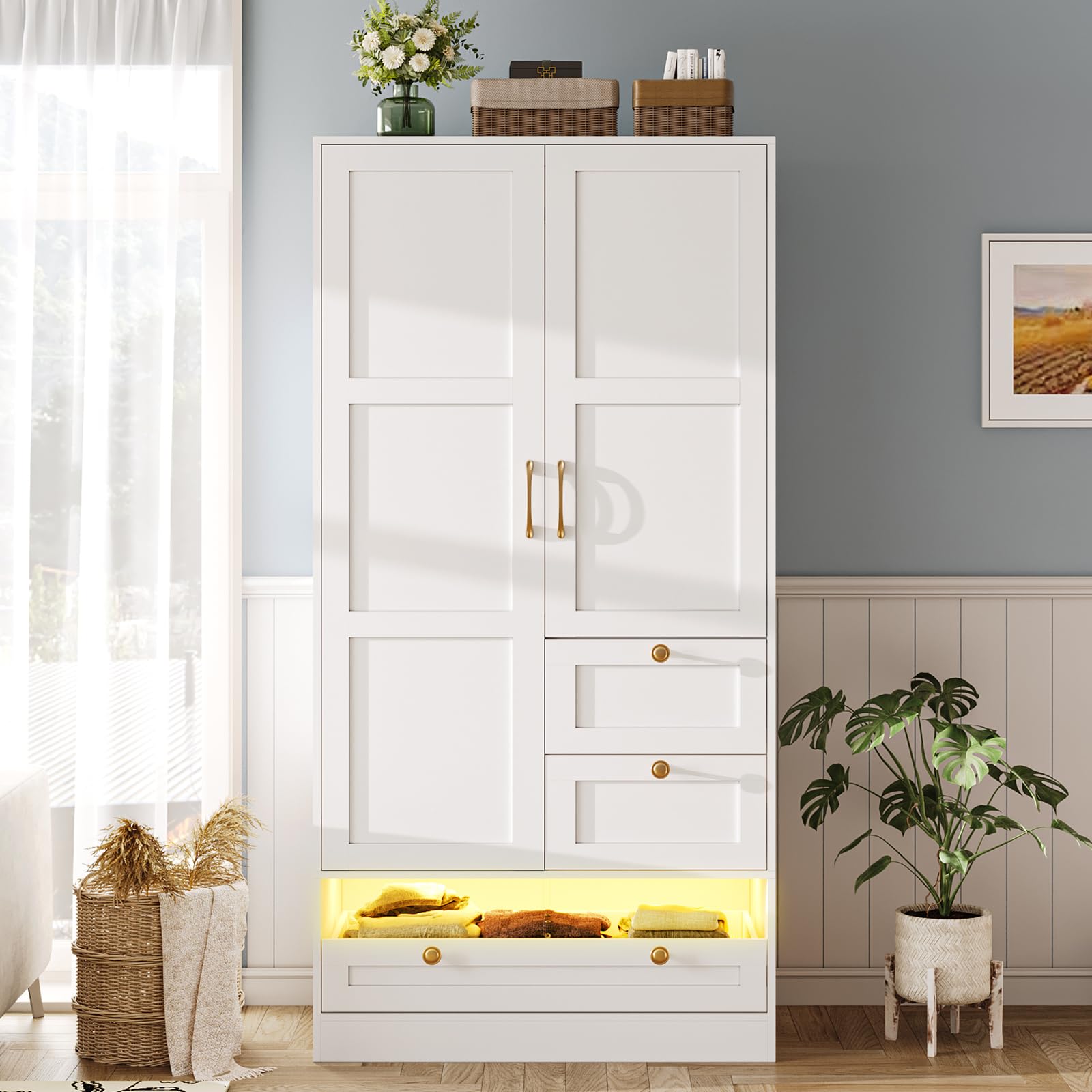 White Maupvit 2-Door LED Wardrobe with Drawers & Hanging Rod - Spacious Bedroom Closet Organizer for Laundry Storage
