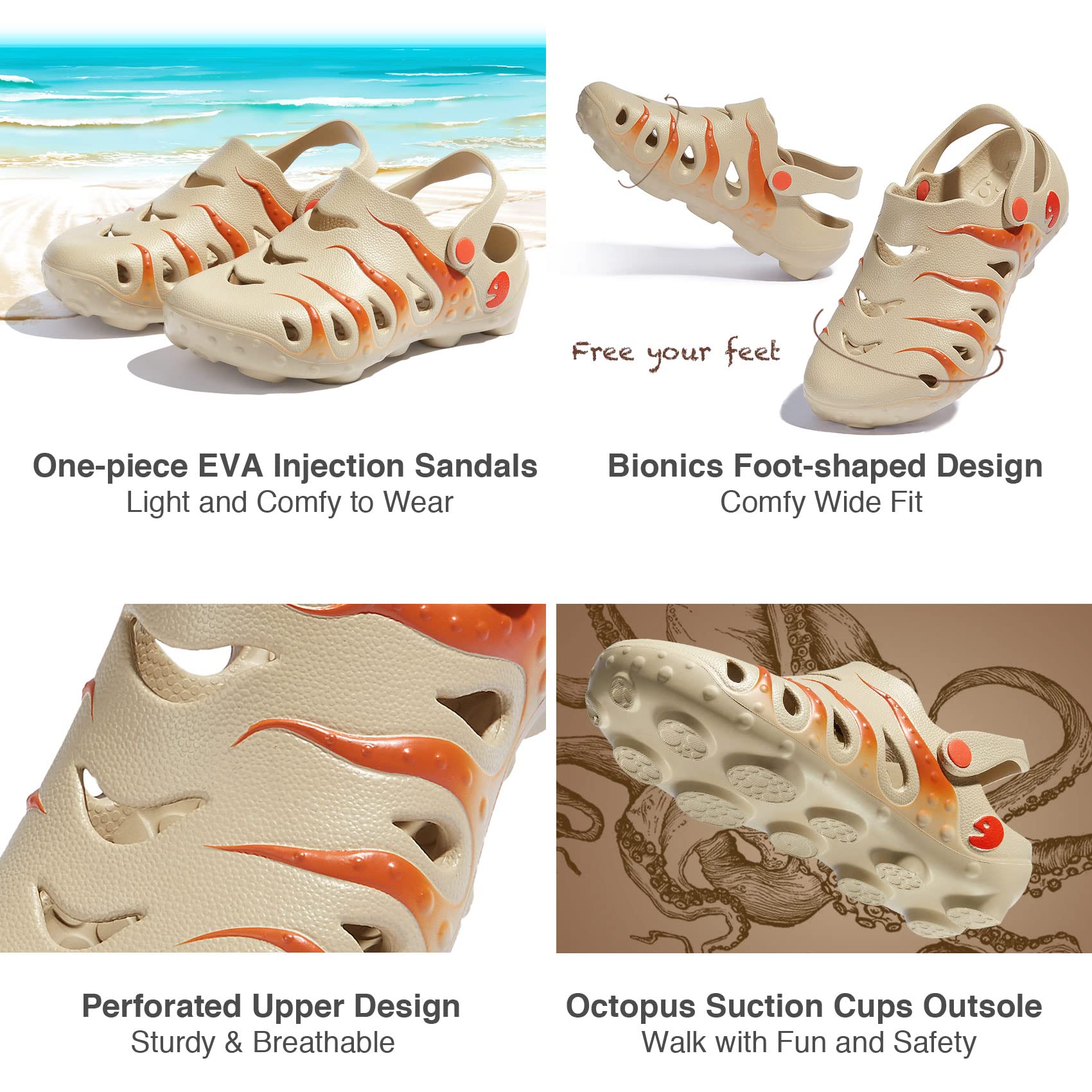 UIN Women's Clog Garden Shoes - Slip On Beach Sandals with Octopus Design | Comfortable Outdoor Slippers for Gardening, Beach Walking & Casual Wear