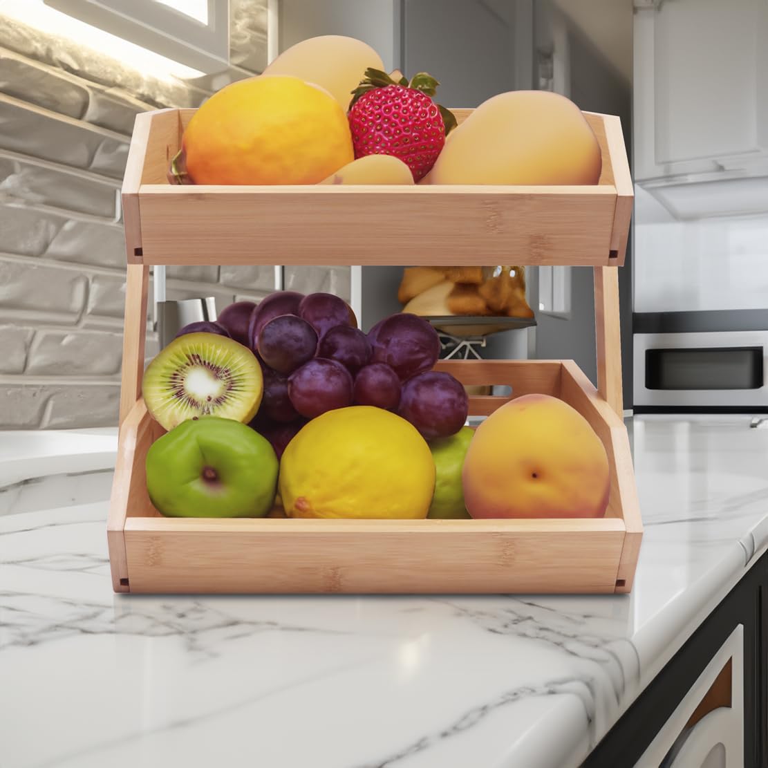 PALM NAKI 2-Tier Bamboo Fruit Basket - Natural Bamboo Storage Stand for Kitchen Counter, Sturdy & Space-Saving Design with Enhanced Air Circulation, Easy Assembly for Fruits, Vegetables & Home Decor | Perfect for Modern Kitchens, Dining Rooms & Pantry Organization