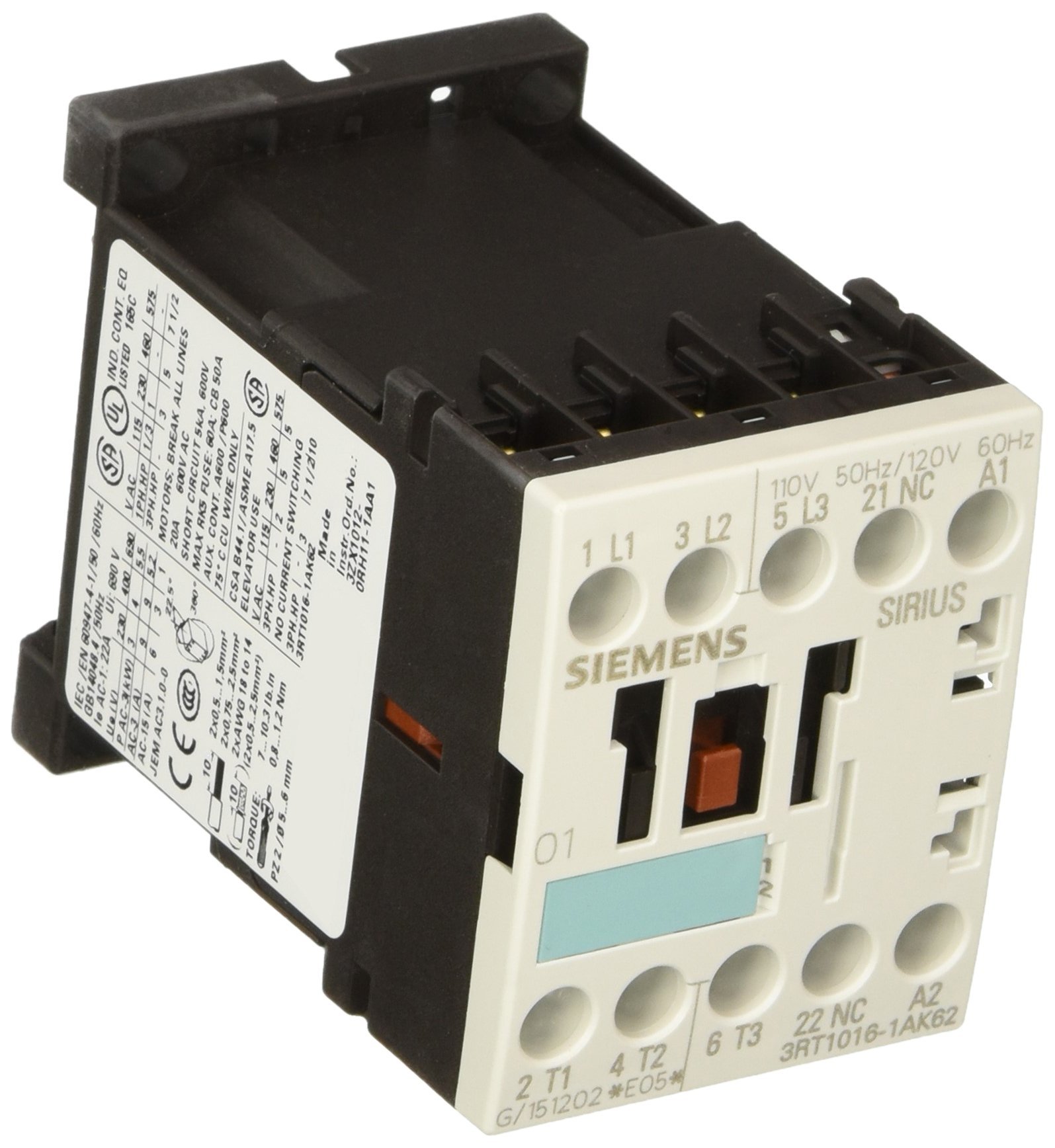 Siemens 3RT10 16-1AK62 3-Pole Motor Contactor with Screw Terminals, S00 Frame Size, 1 NC Auxiliary Contact, 120V/60Hz & 110V/50Hz AC Coil Voltage - Ideal for Industrial Automation, HVAC Systems, and Motor Control Applications