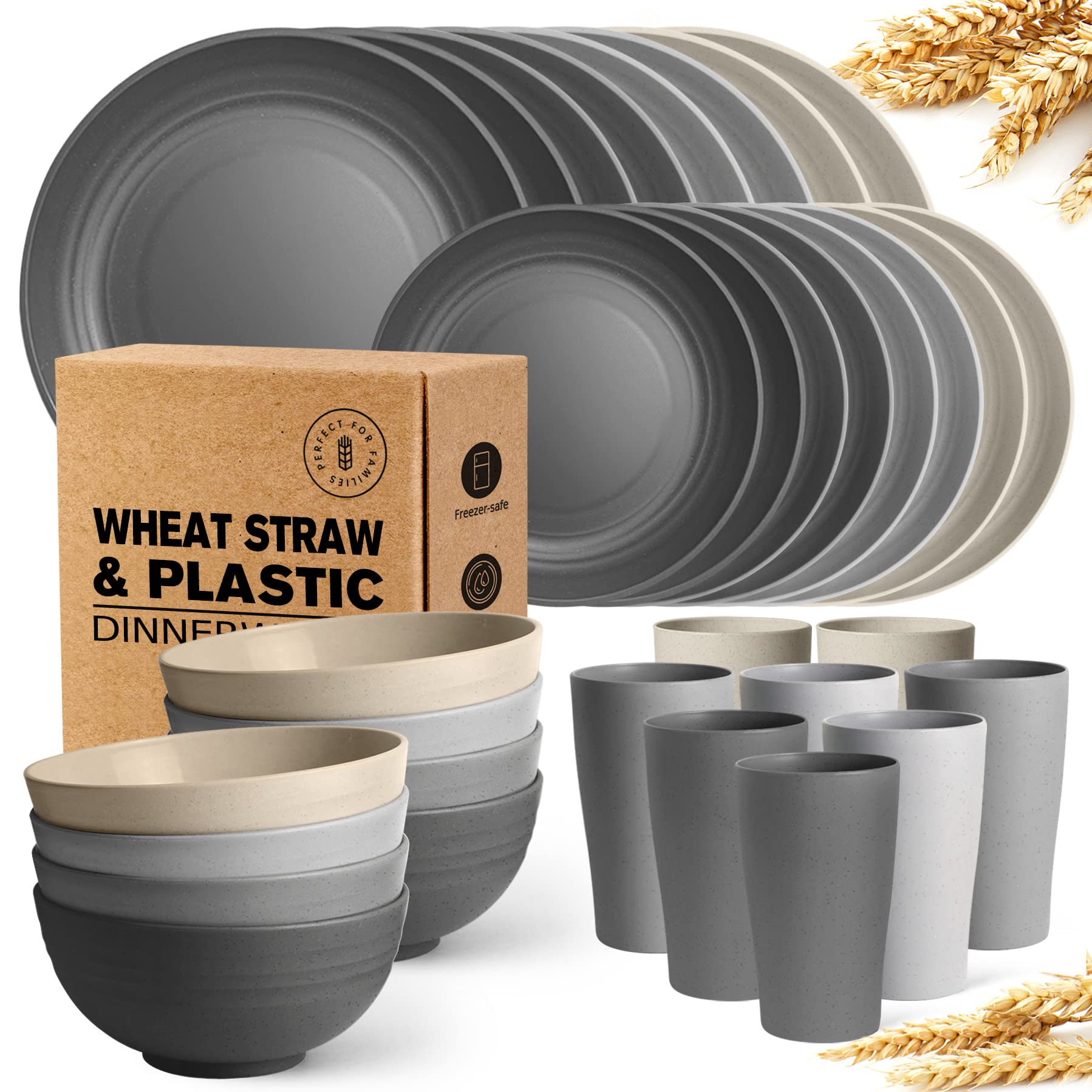 Teivio 32-Piece Eco-Friendly Wheat Straw Dinnerware Set - 8 Plates, Bowls & Cups - Unbreakable Plastic Dishes for Camping, Picnics & Outdoor Dining - Gray Stone Design - Durable & Lightweight for Travel & Parties
