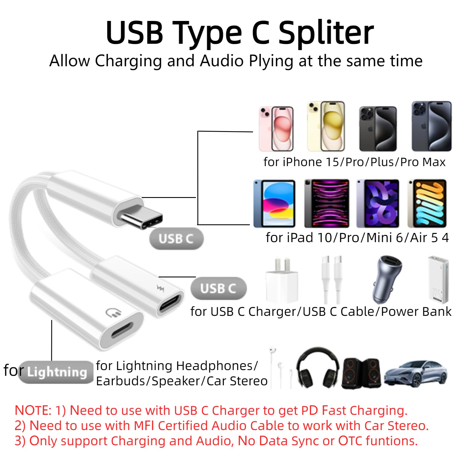 MFI Certified USB C to Lightning Adapter 27W PD Fast Charger for iPhone 15 Pro Max/Plus & iPad 10/Pro/Mini 6 - Nylon Braided Type-C Splitter with Audio Dongle & Headphone Adapter | Perfect for Travel, Office & Car Charging