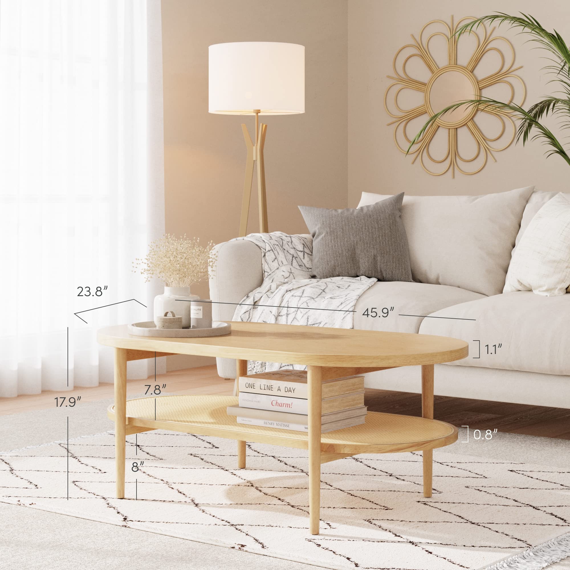 Nathan James Sonia Coffee Table with Storage Shelf - Light Wood & Rattan Design - Modern Living Room Furniture for Small Spaces, Home Decor & Storage Solutions