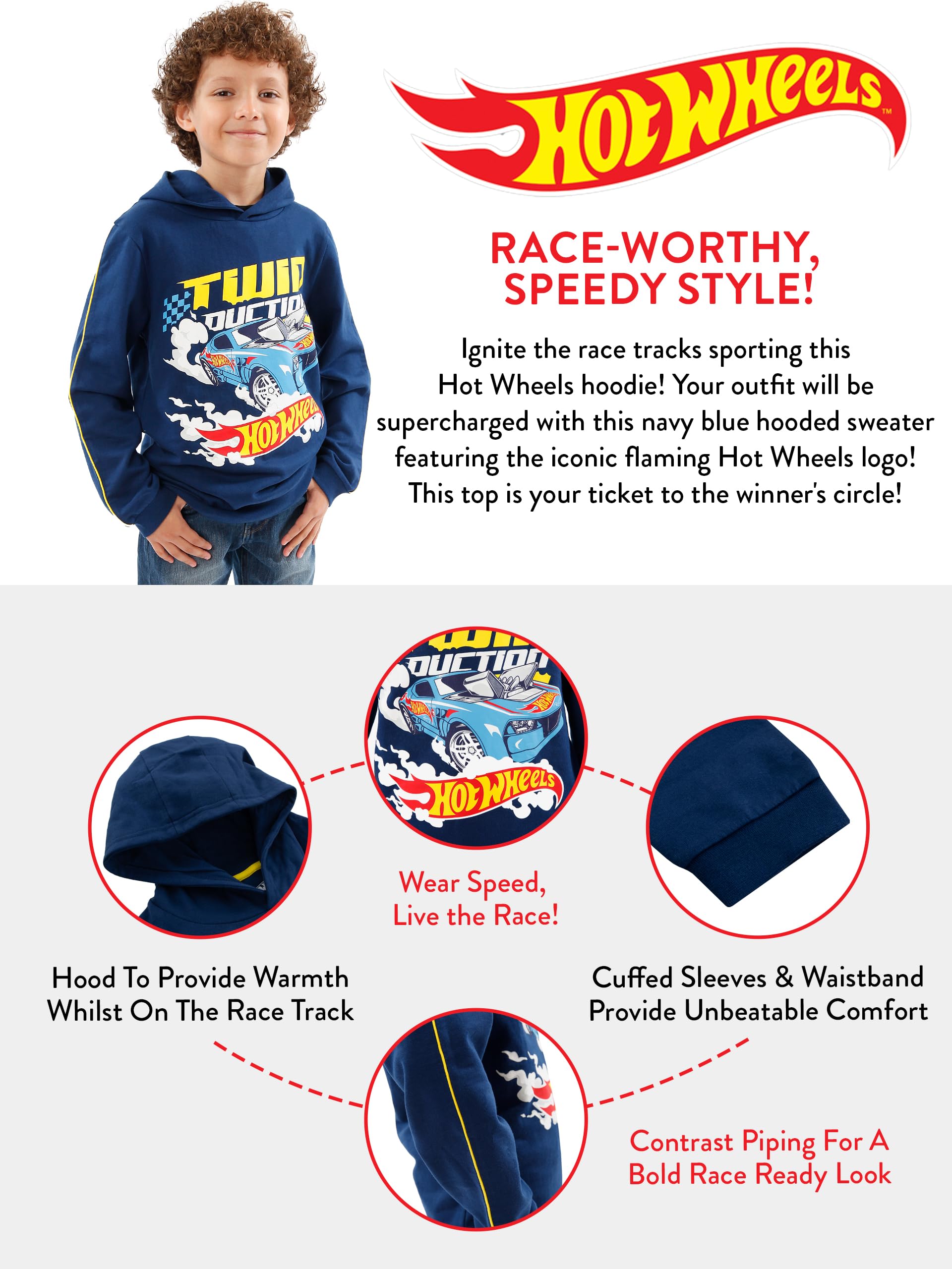 Hot Wheels Boys Hoodie - 100% Cotton Race Car Hoodie for Kids Play & School