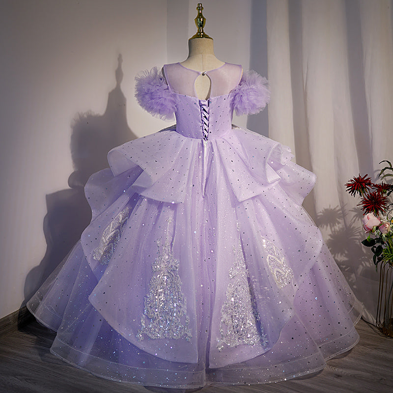 Lilac Sequined A-Line Flower Girl Dress with Cold Shoulder - Elegant Formal Wear for Weddings, Parties & Special Occasions