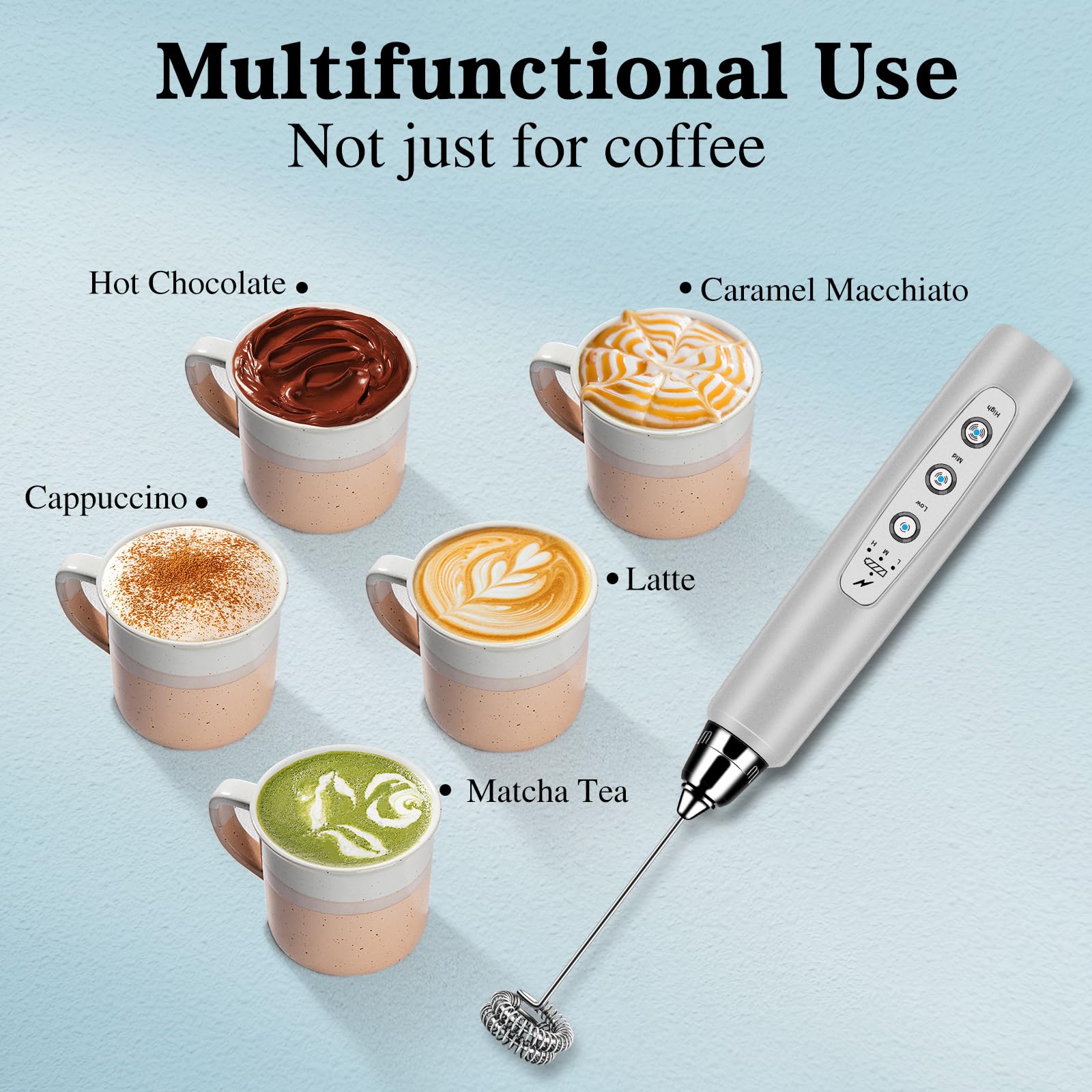 Electric Milk Frother Handheld - 3 Speed Adjustable Rechargeable Drink Mixer with Stainless Steel Whisk, Perfect for Coffee, Latte, Cappuccino, Matcha & Egg Foam - Ideal for Home, Office & Cafe Use